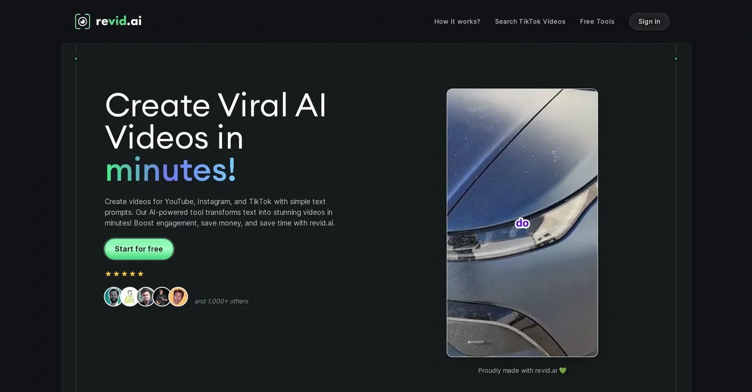 Revid homepage screenshot — Create viral AI videos in minutes