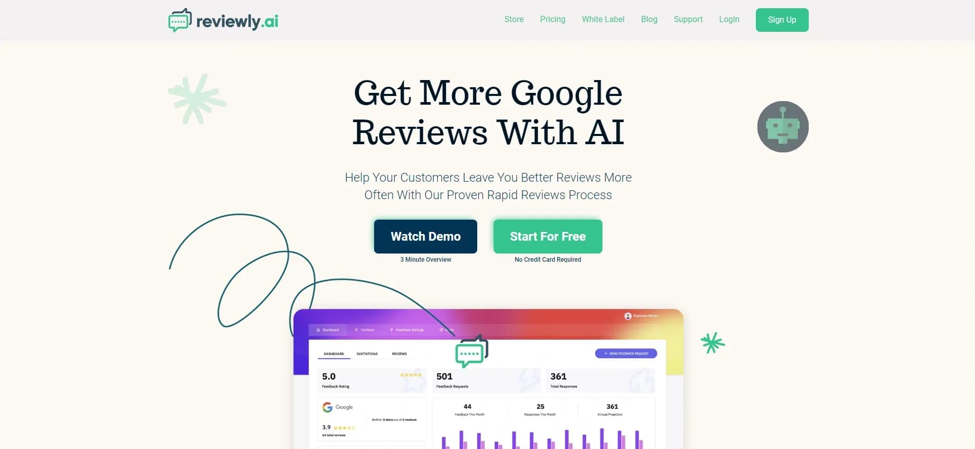 Reviewly.ai homepage screenshot — Automated Google review collection for businesses.