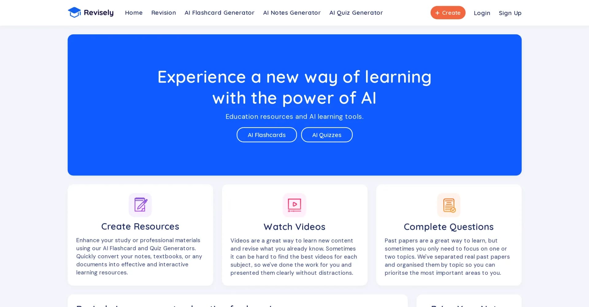 Revisely homepage screenshot — Experience a new way of learning with AI.