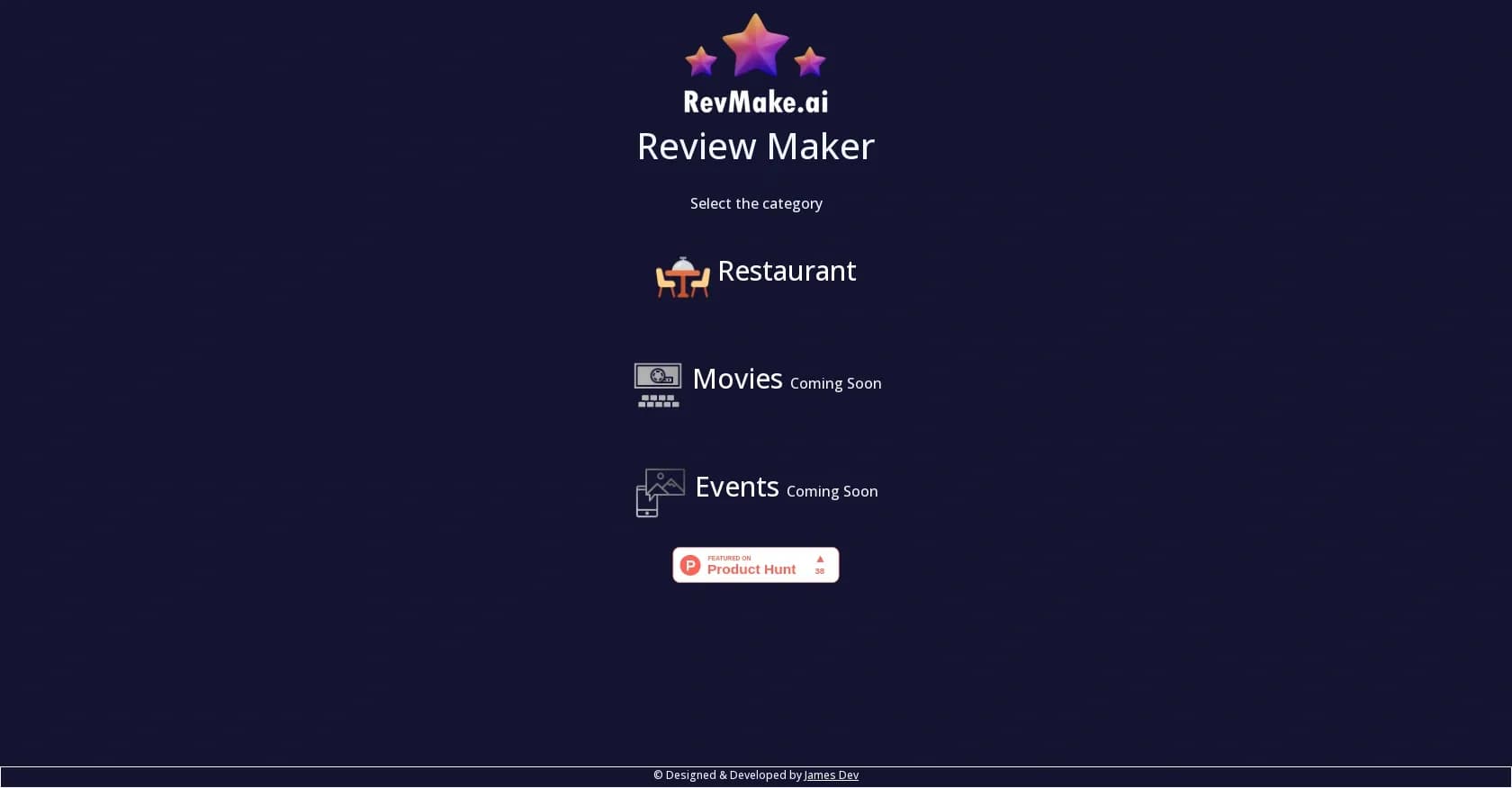 RevMake homepage screenshot — AI-powered reviews in seconds