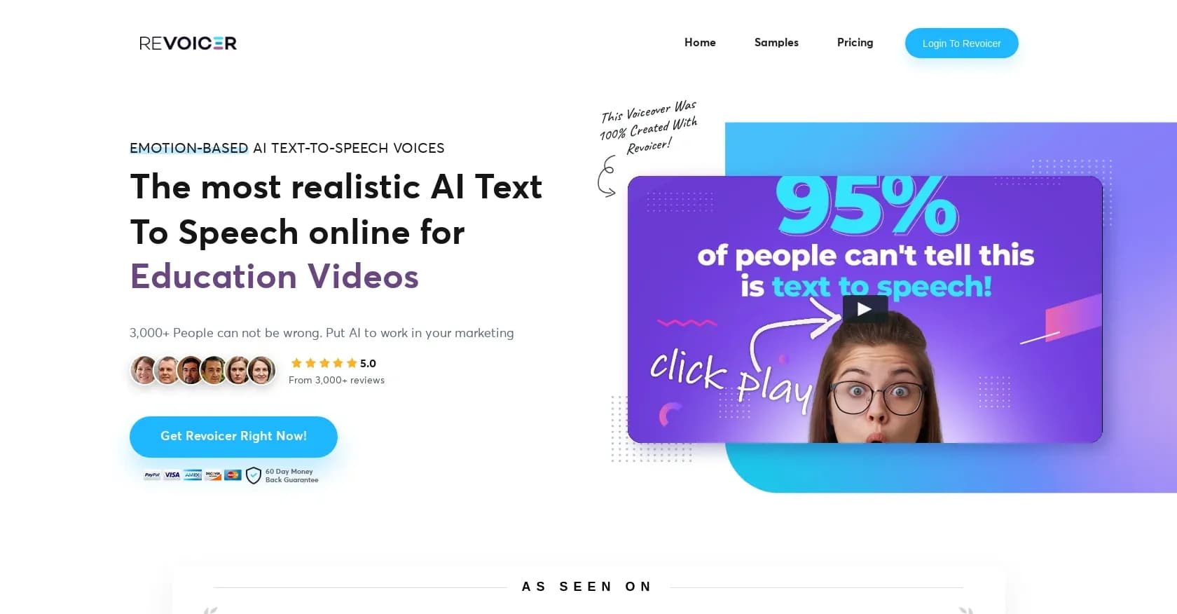 Revoicer homepage screenshot — Create lifelike AI voiceovers for videos and podcasts.