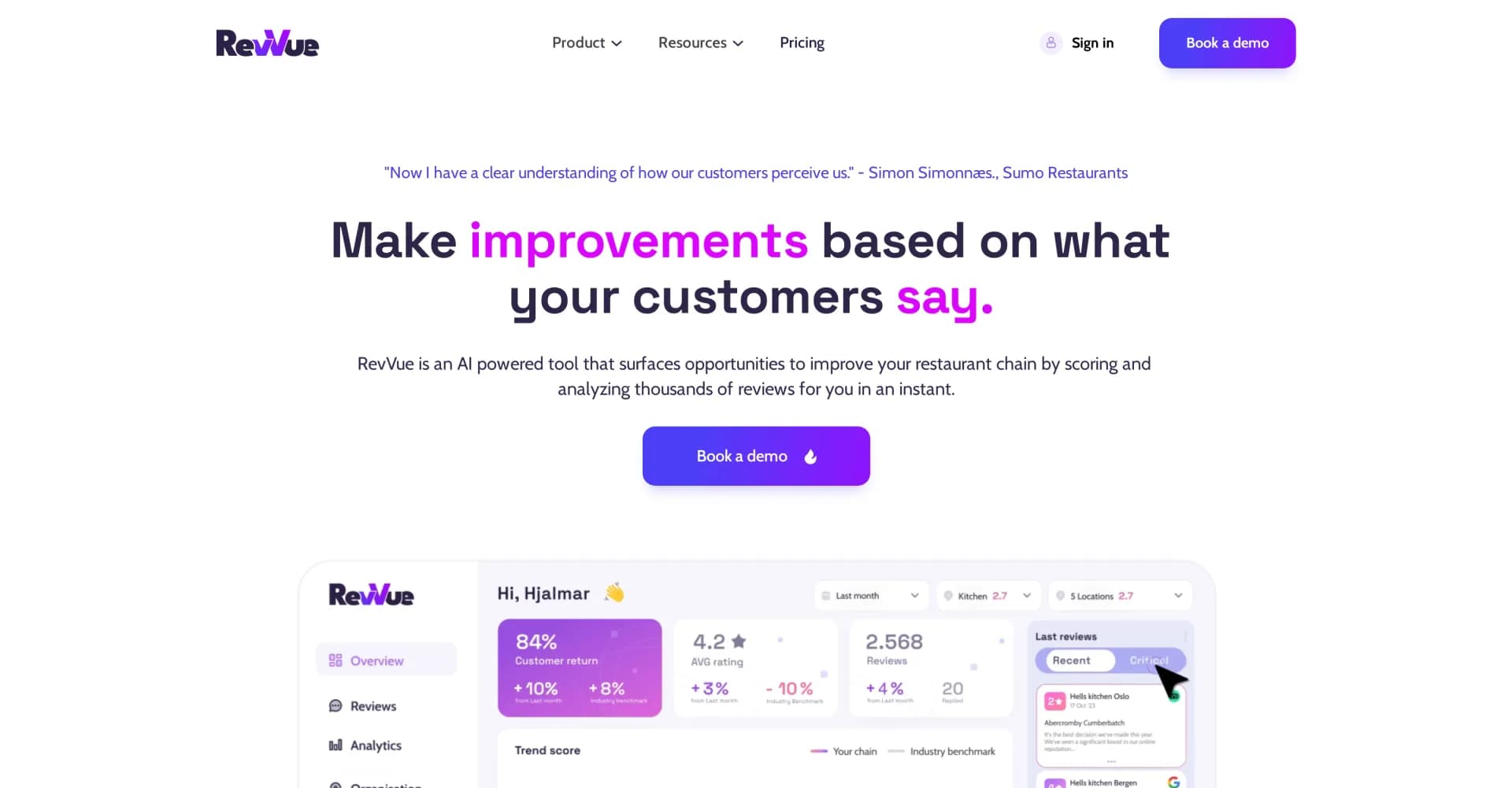 RevVue homepage screenshot — AI-powered restaurant feedback analyzer.