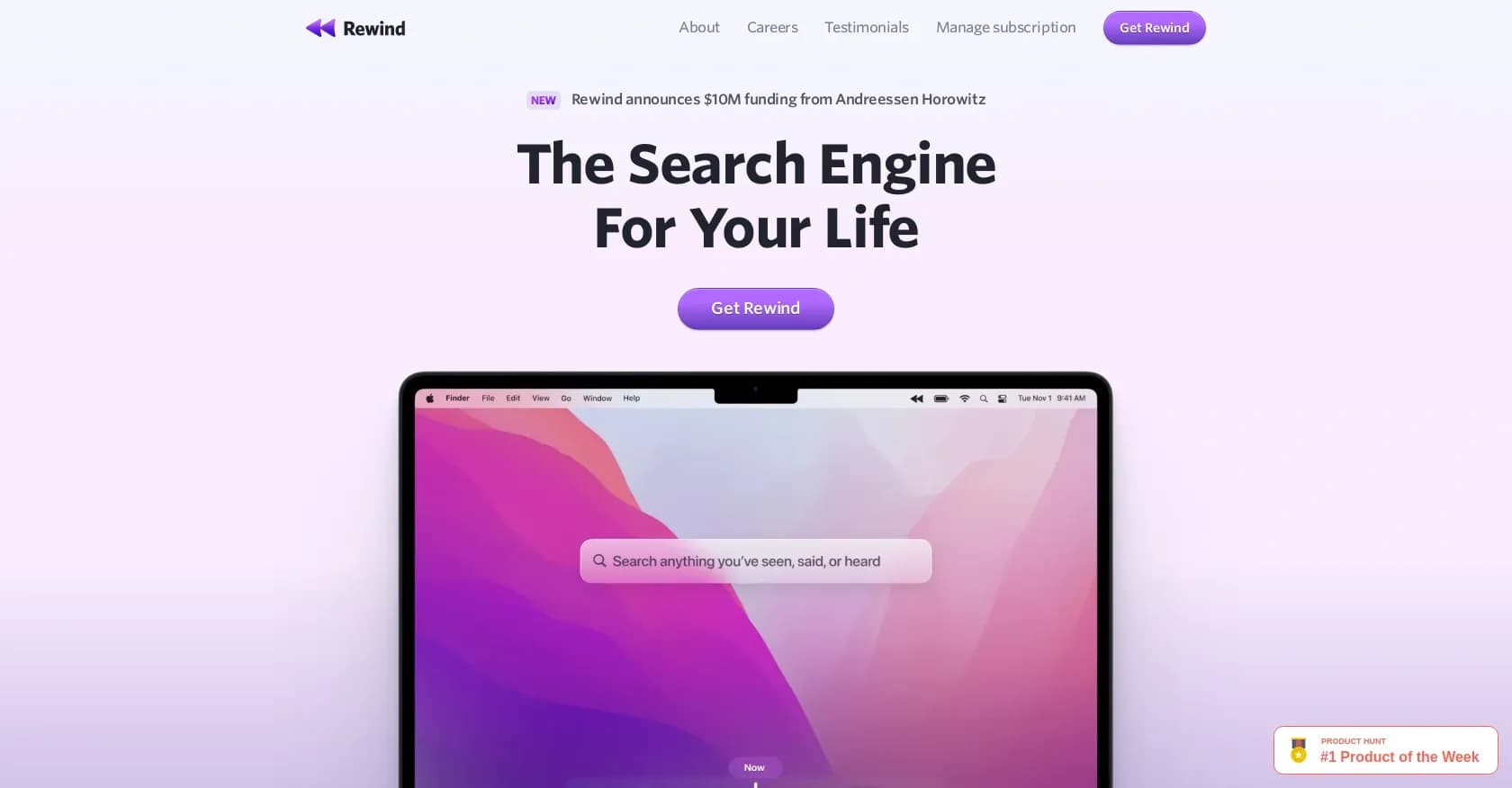 Rewind homepage screenshot — The search engine for your life.