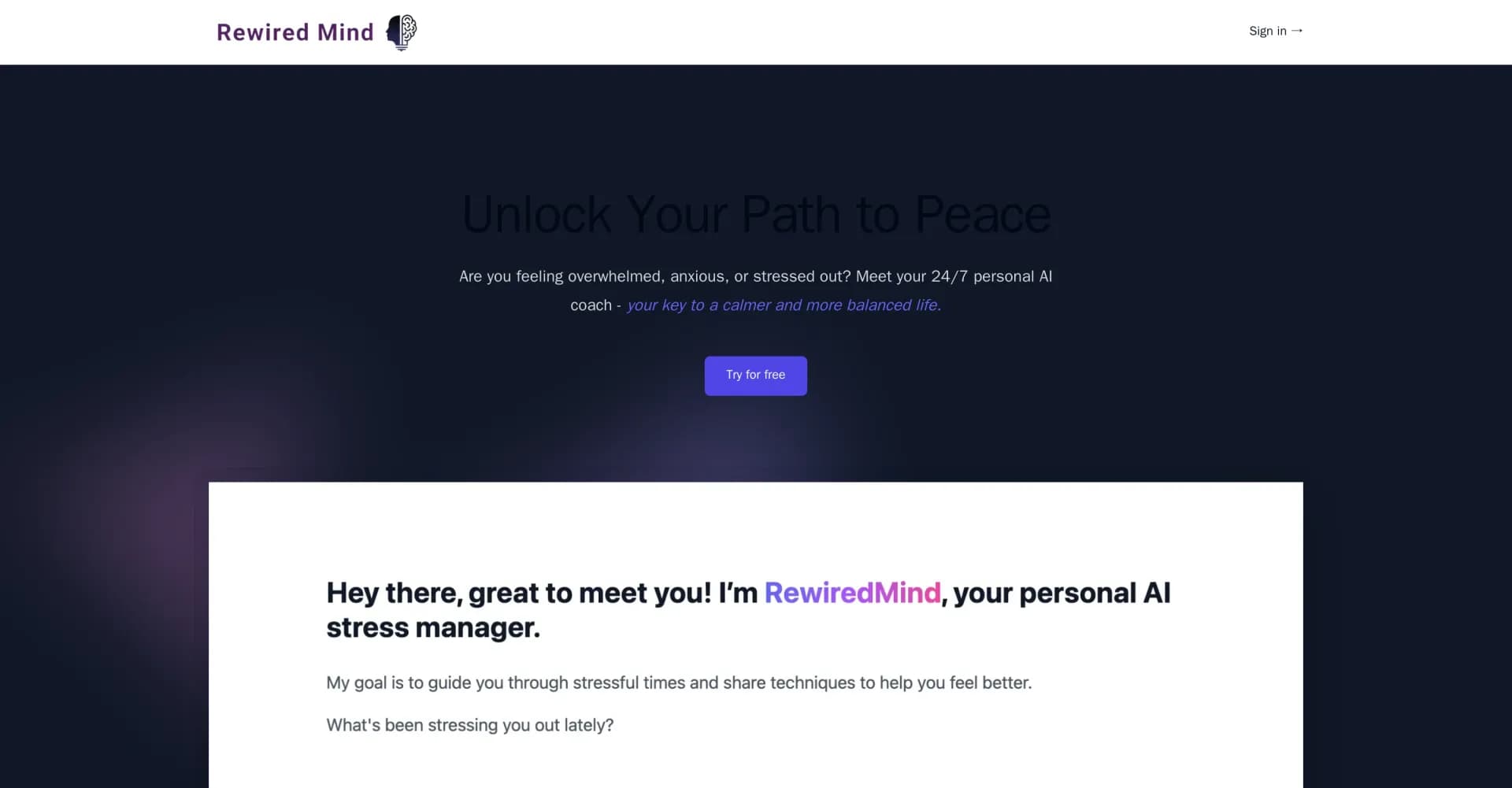 RewiredMind homepage screenshot — Your 24/7 AI coach for a calmer, balanced life