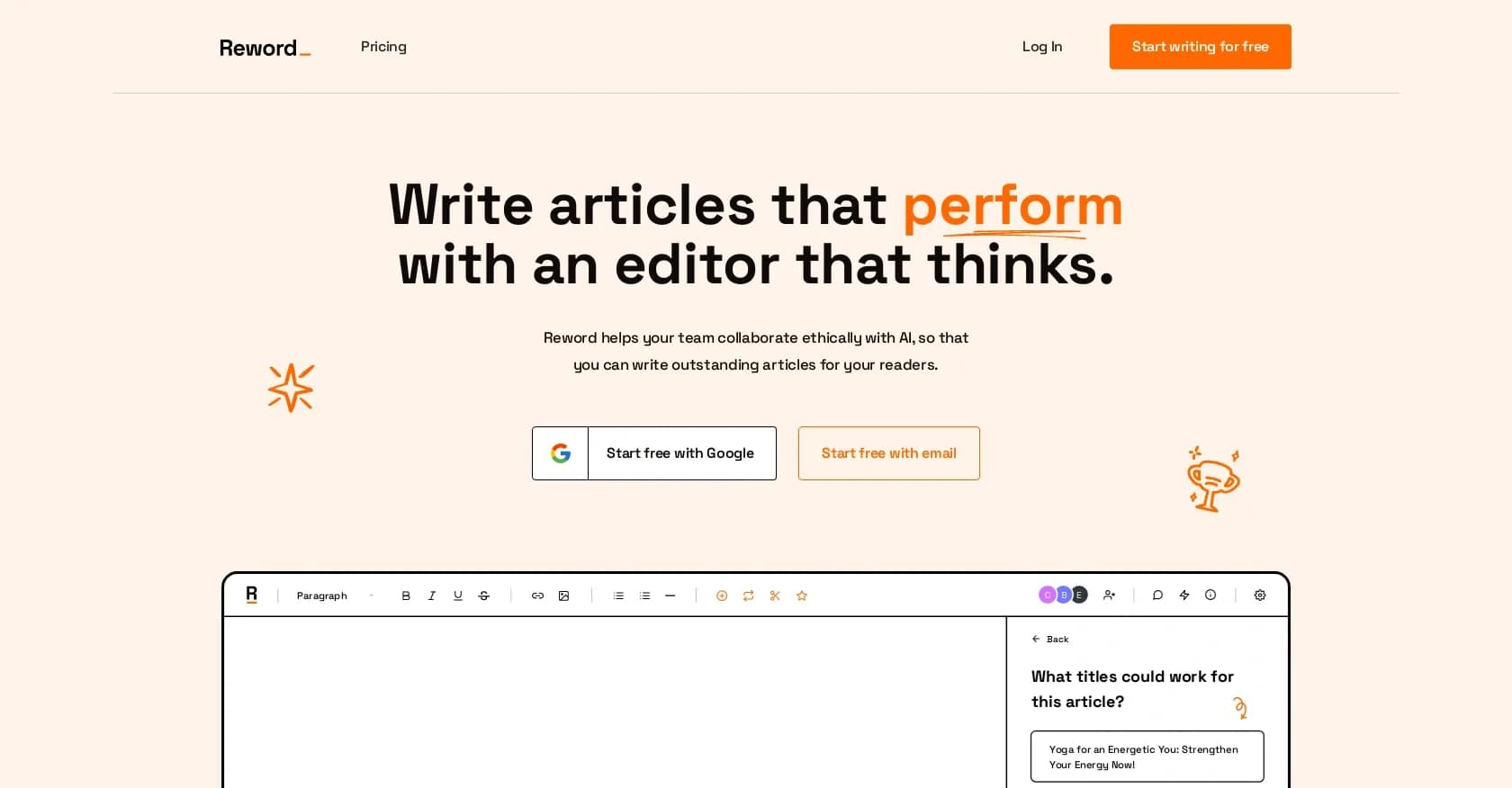 Reword homepage screenshot — Write articles that perform with an editor that thinks.