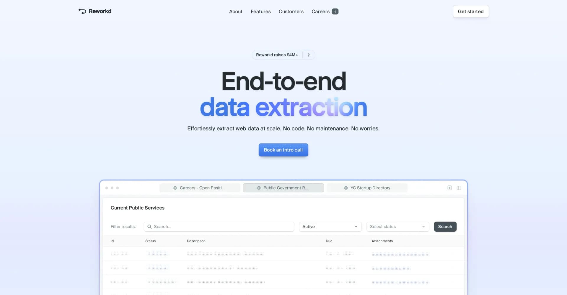 Reworkd AI homepage screenshot — Effortless web scraping at scale.