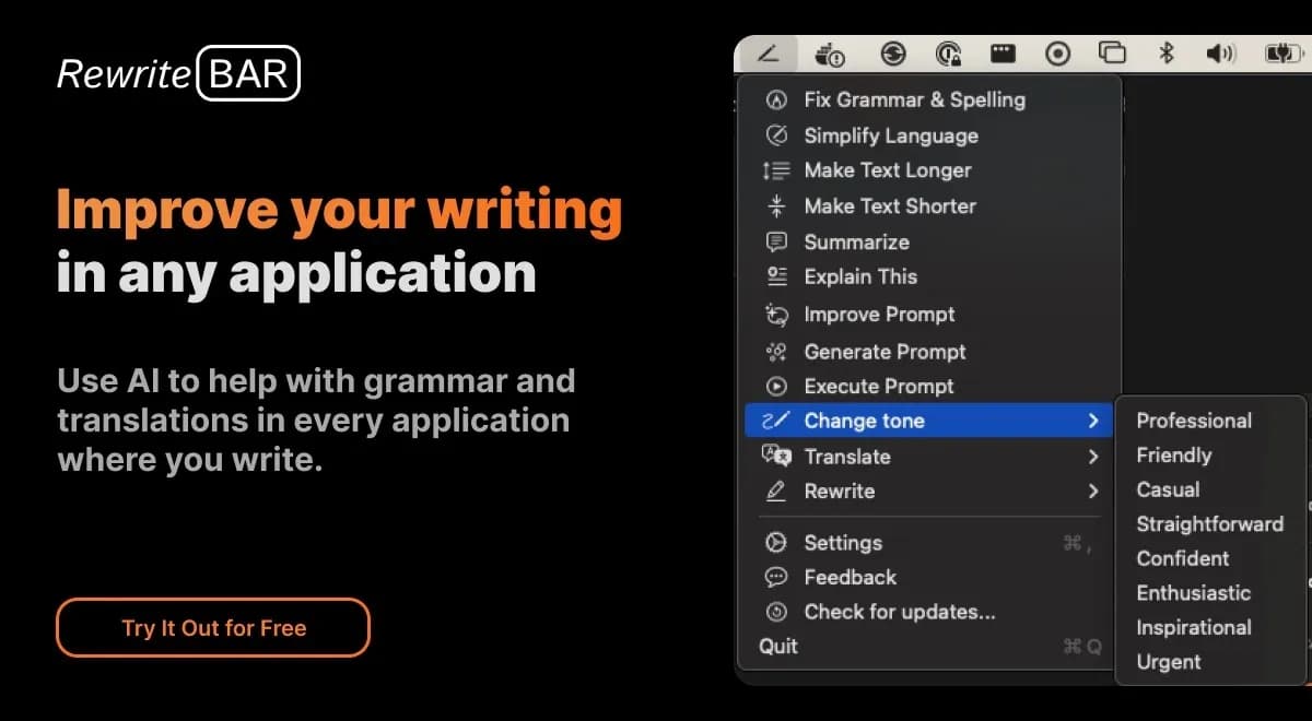 RewriteBar homepage screenshot — Improve your writing in any macOS application with AI assist