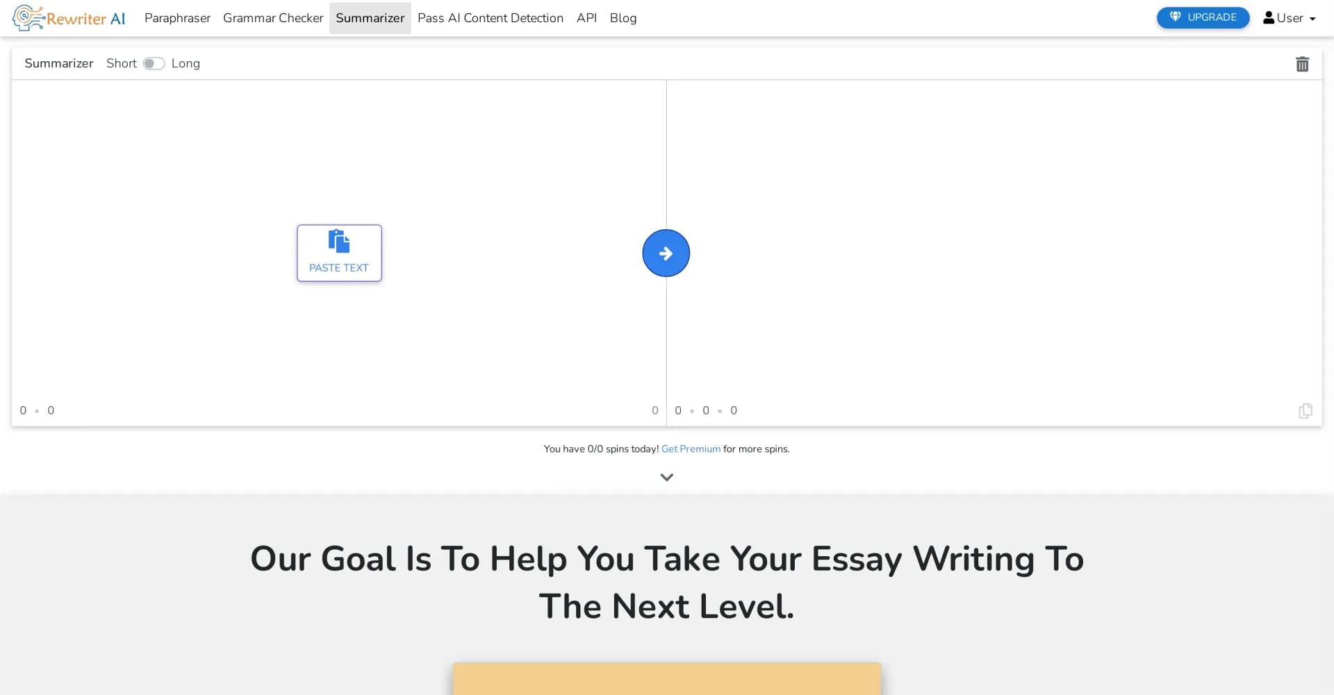 Rewriter AI homepage screenshot — Rephrase text instantly with AI paraphrasing