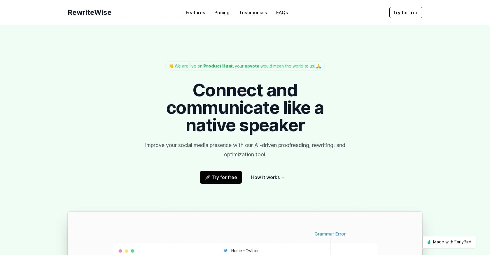 RewriteWise homepage screenshot — AI-powered social media proofreading and optimization