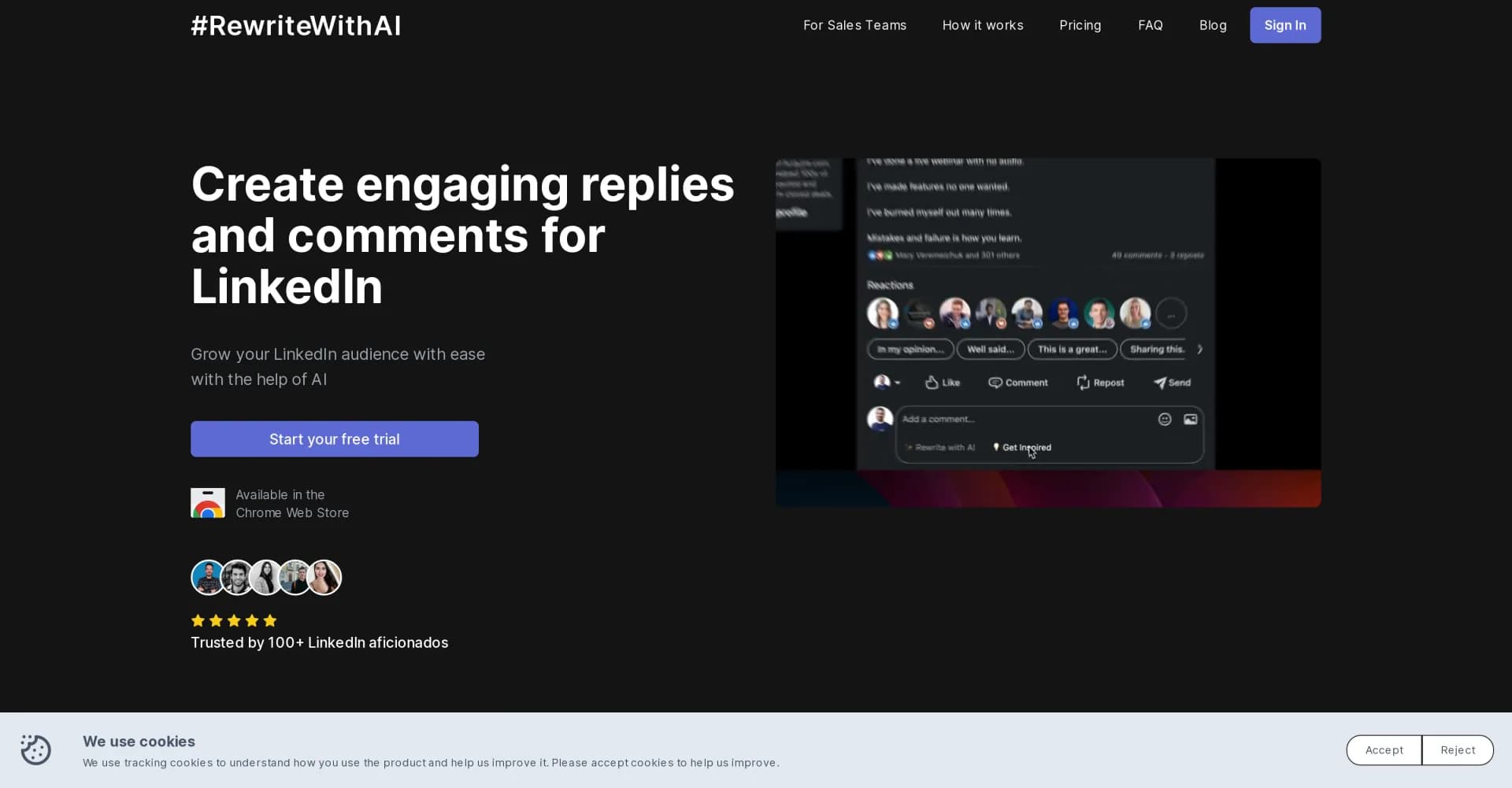 RewriteWithAI homepage screenshot — Grow your LinkedIn audience with AI sounding like you