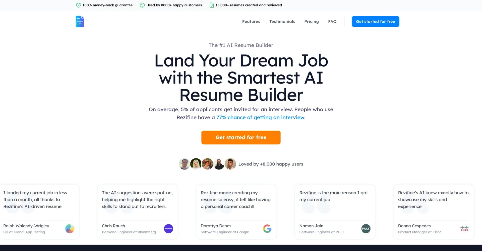 Rezifine homepage screenshot — Build stunning resumes with AI and land your dream job.