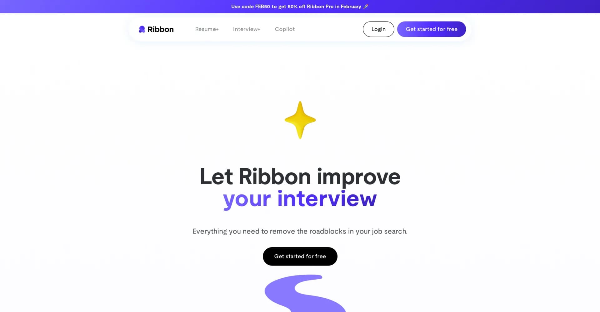 Ribbon Cool homepage screenshot — Remove job search roadblocks with AI-powered tools.
