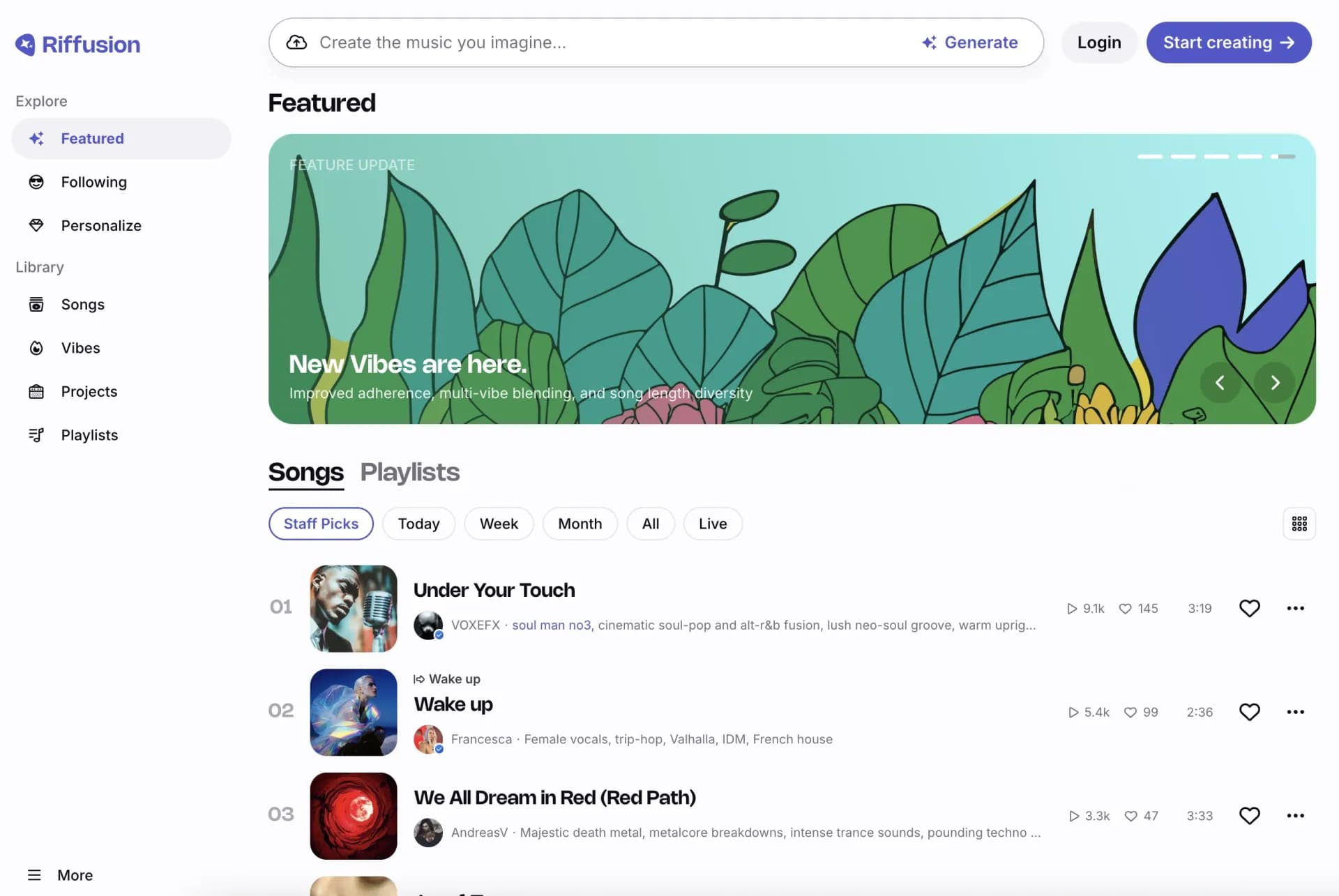 Riffusion homepage screenshot — Real-time AI music generation from text prompts