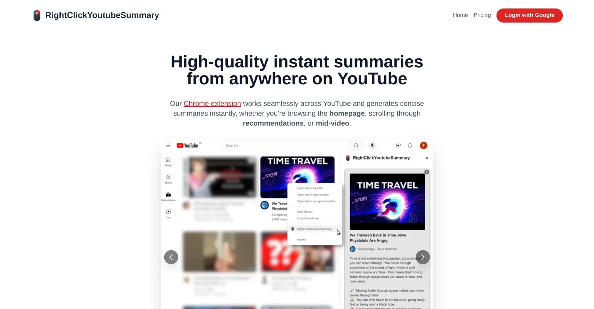 RightClickYoutubeSummary homepage screenshot — Instant YouTube video summaries with one click.