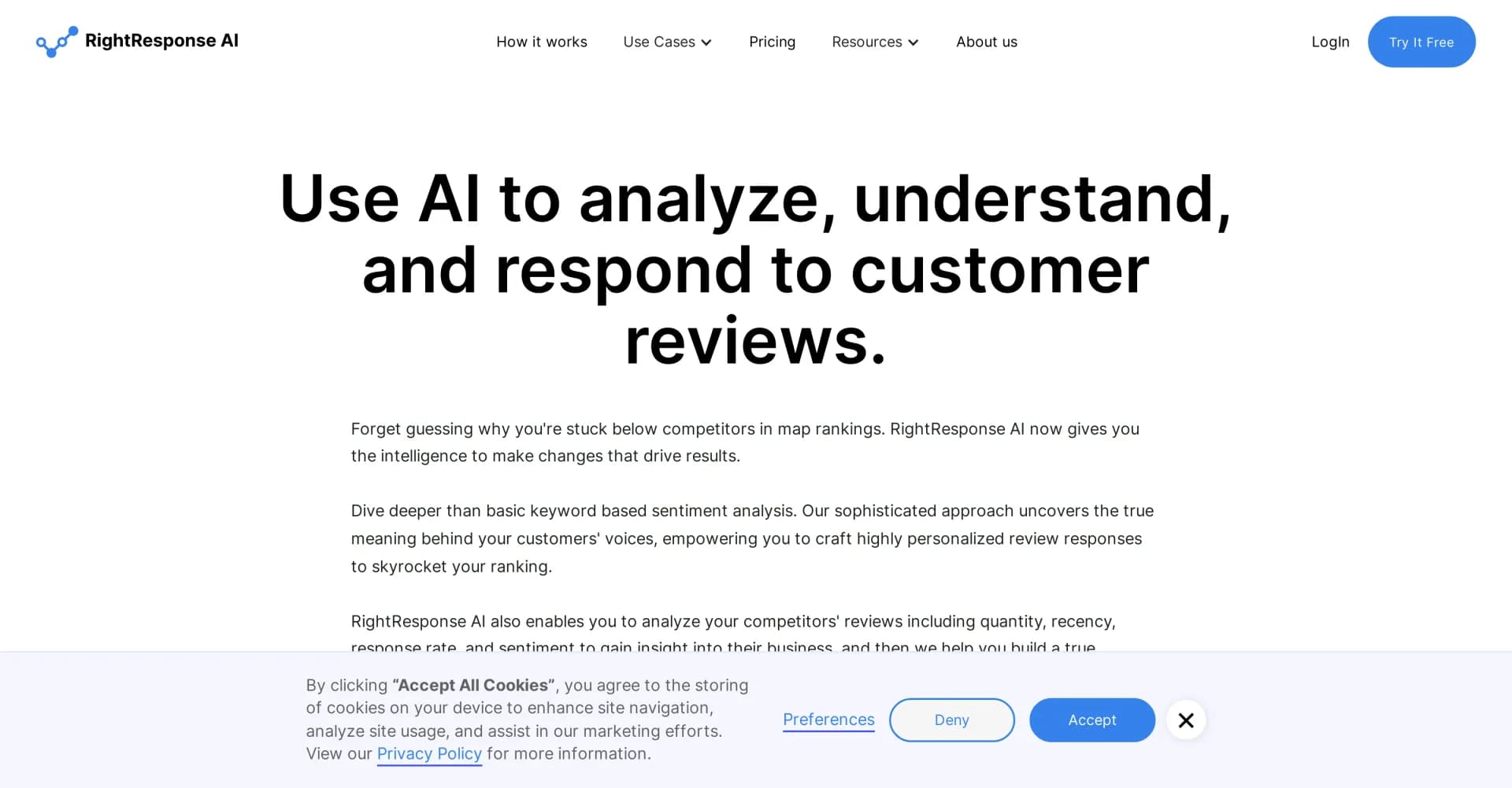 RightResponse AI homepage screenshot — Analyze and automate Google reviews with AI.