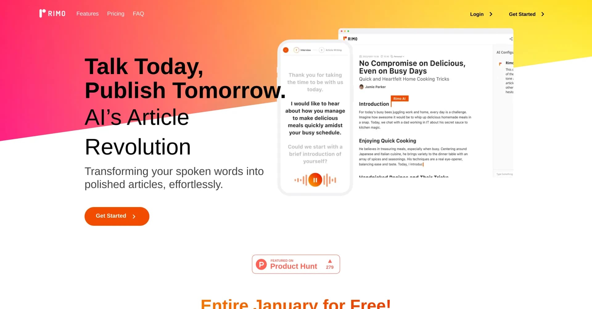 Rimo homepage screenshot — Transform spoken words into polished articles instantly.
