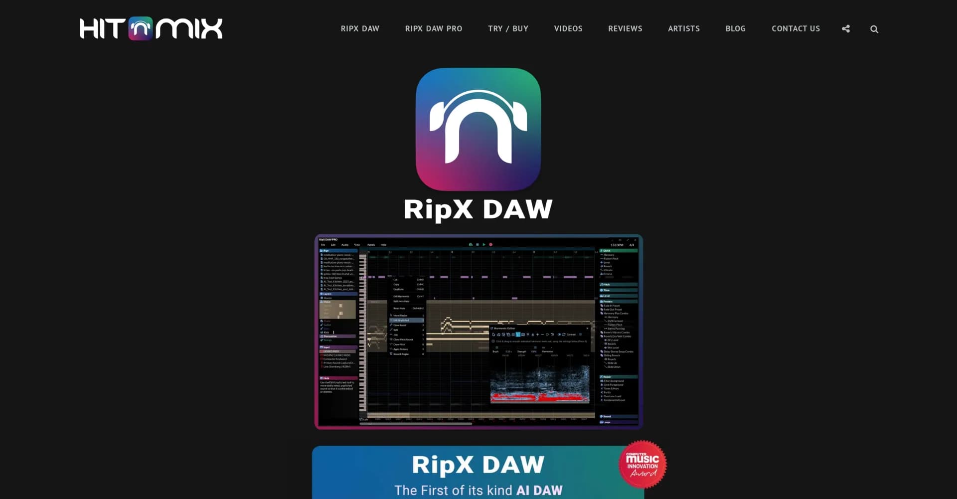 RipX homepage screenshot — AI-powered DAW for stem separation and remixing.