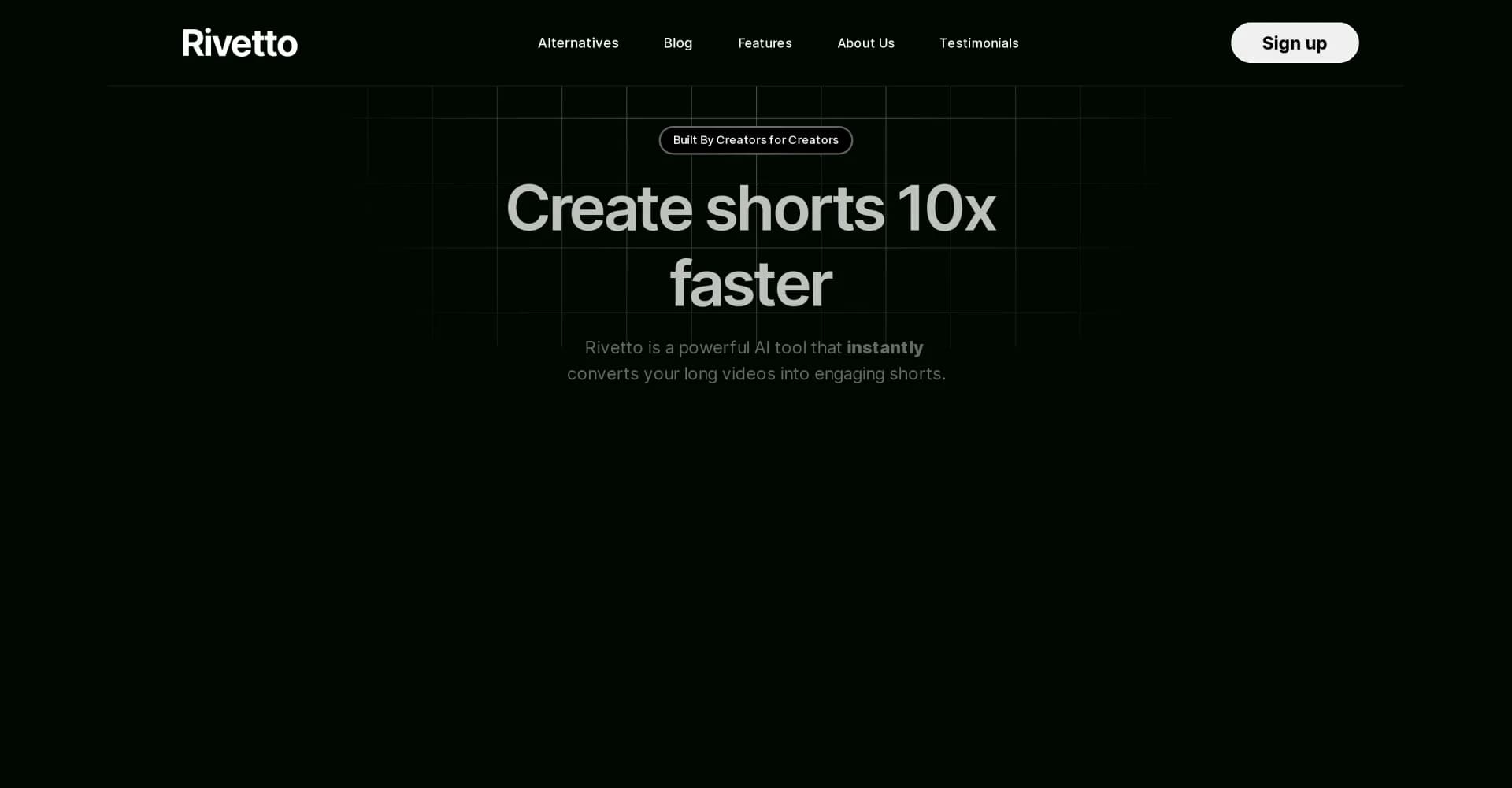 Rivetto homepage screenshot — Convert long videos into engaging shorts instantly.