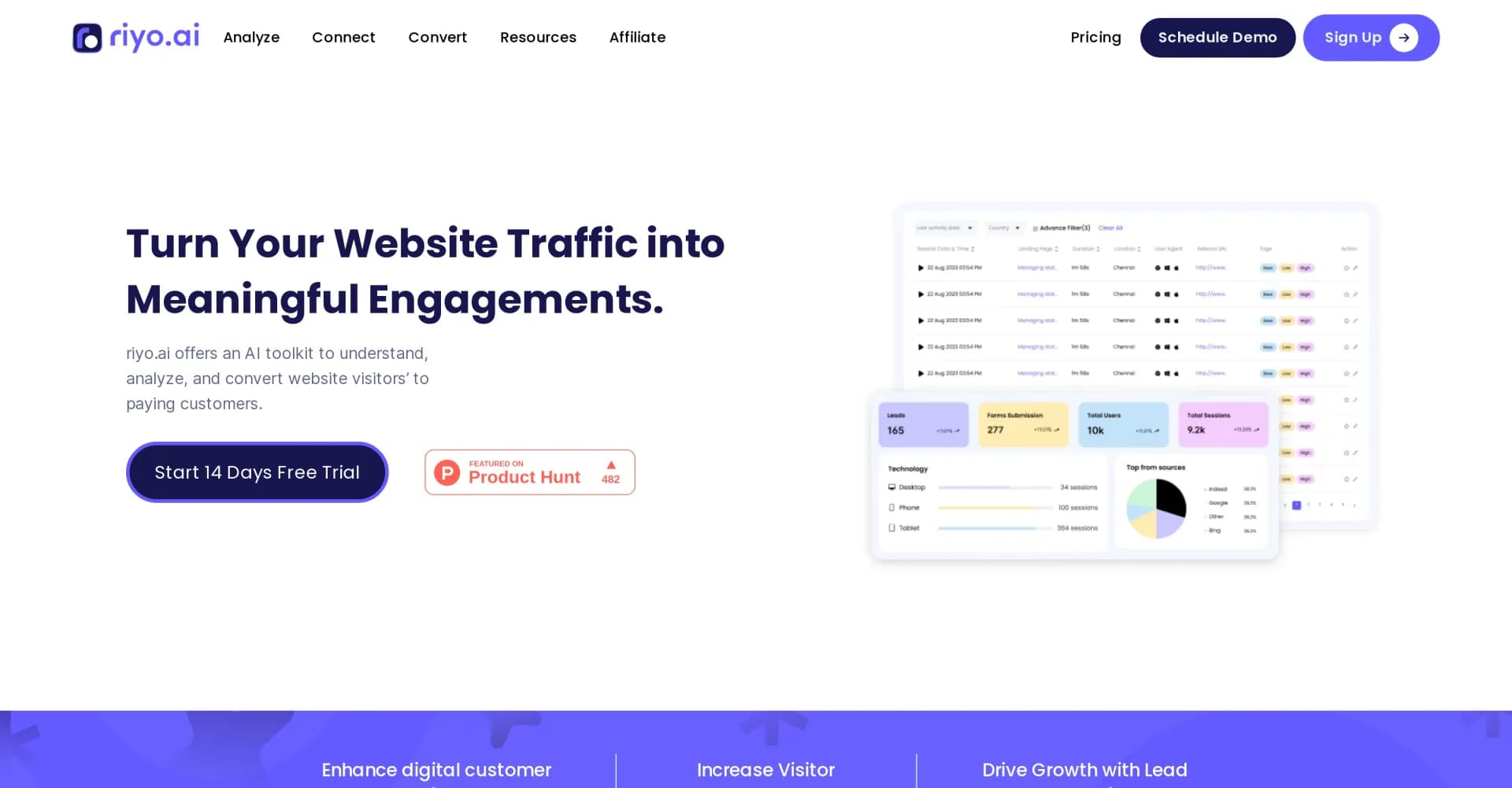 Riyo homepage screenshot — Generate leads and engage prospects in real-time.