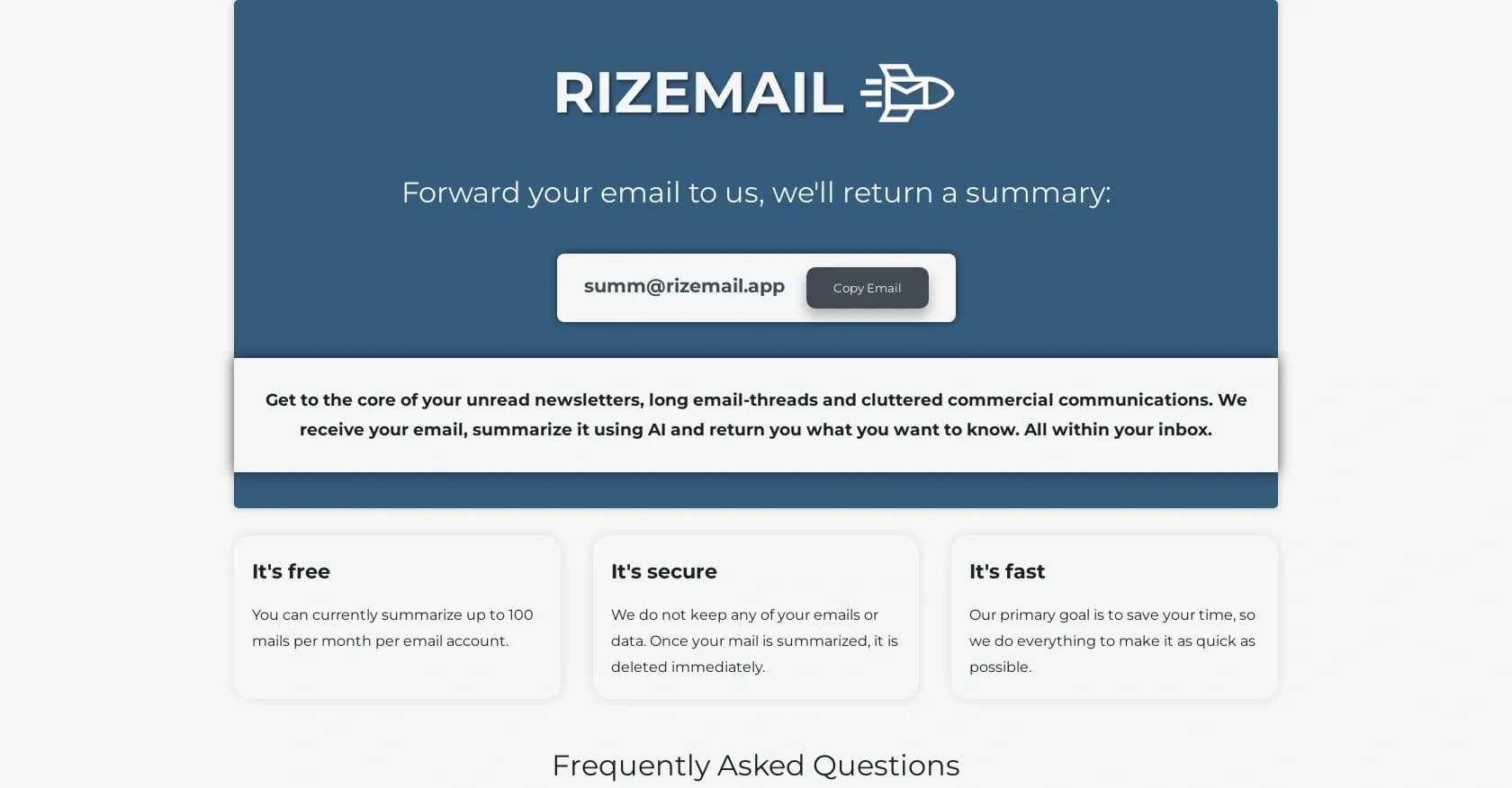 Rizemail homepage screenshot — Summarize emails instantly with AI