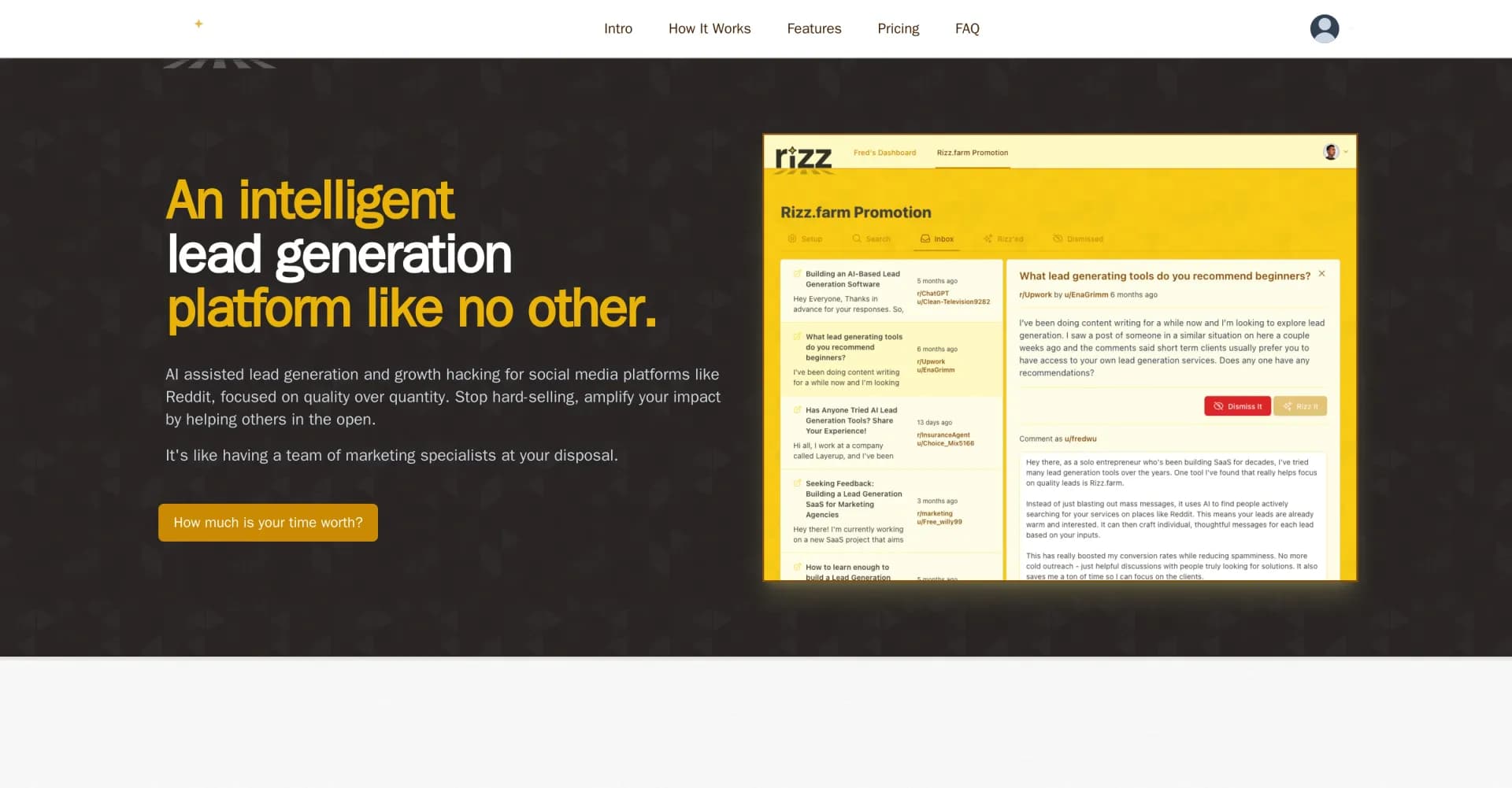 Rizz.farm homepage screenshot — AI-powered lead generation through social media helpfulness