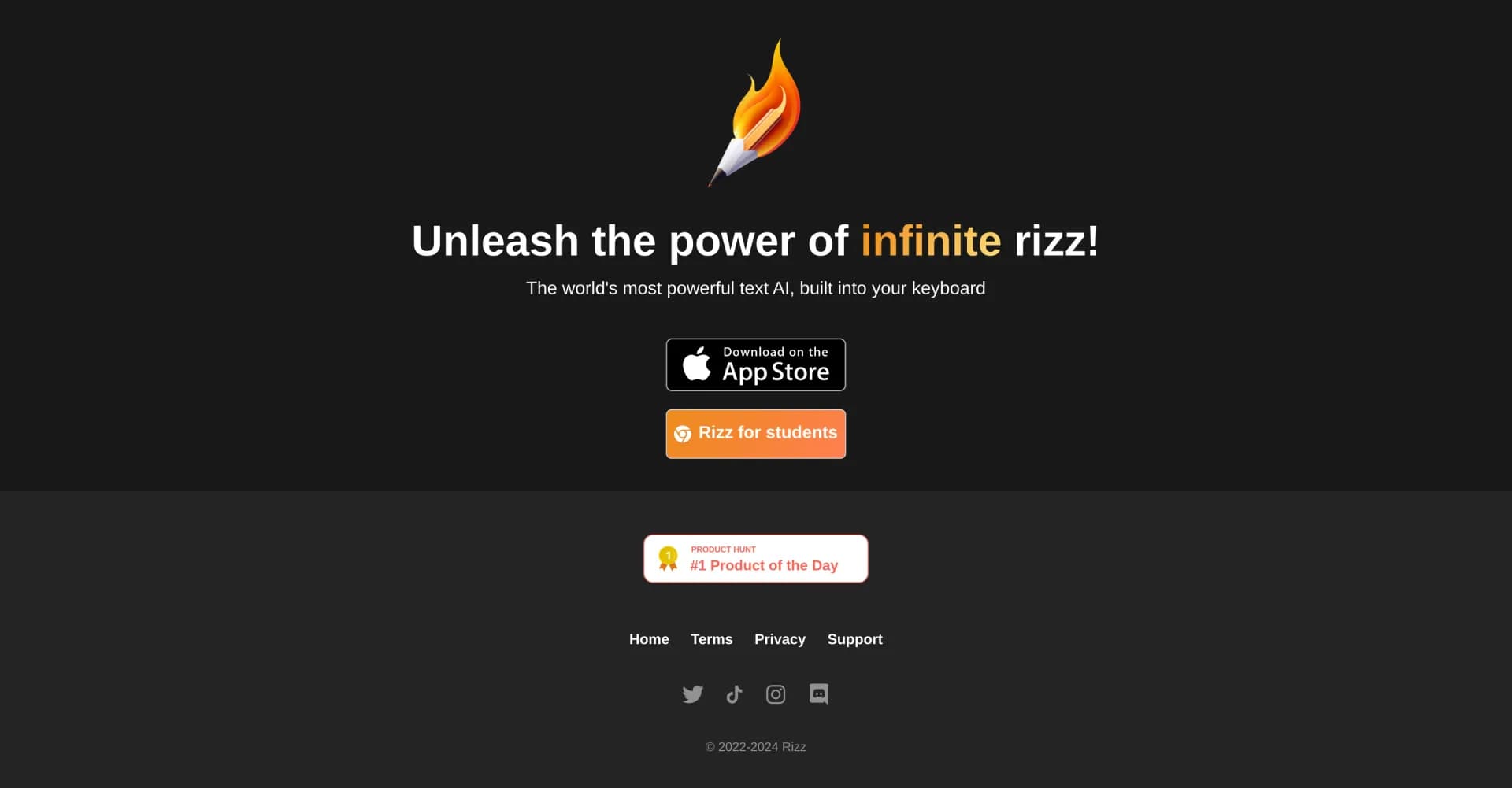 Rizz! Keyboard homepage screenshot — AI-powered creative responses in your iPhone keyboard.