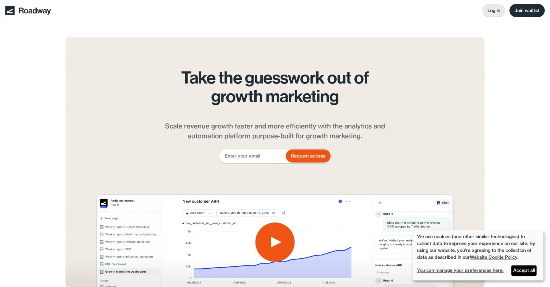 Roadway homepage screenshot — Unlock faster, efficient revenue growth for marketing teams.