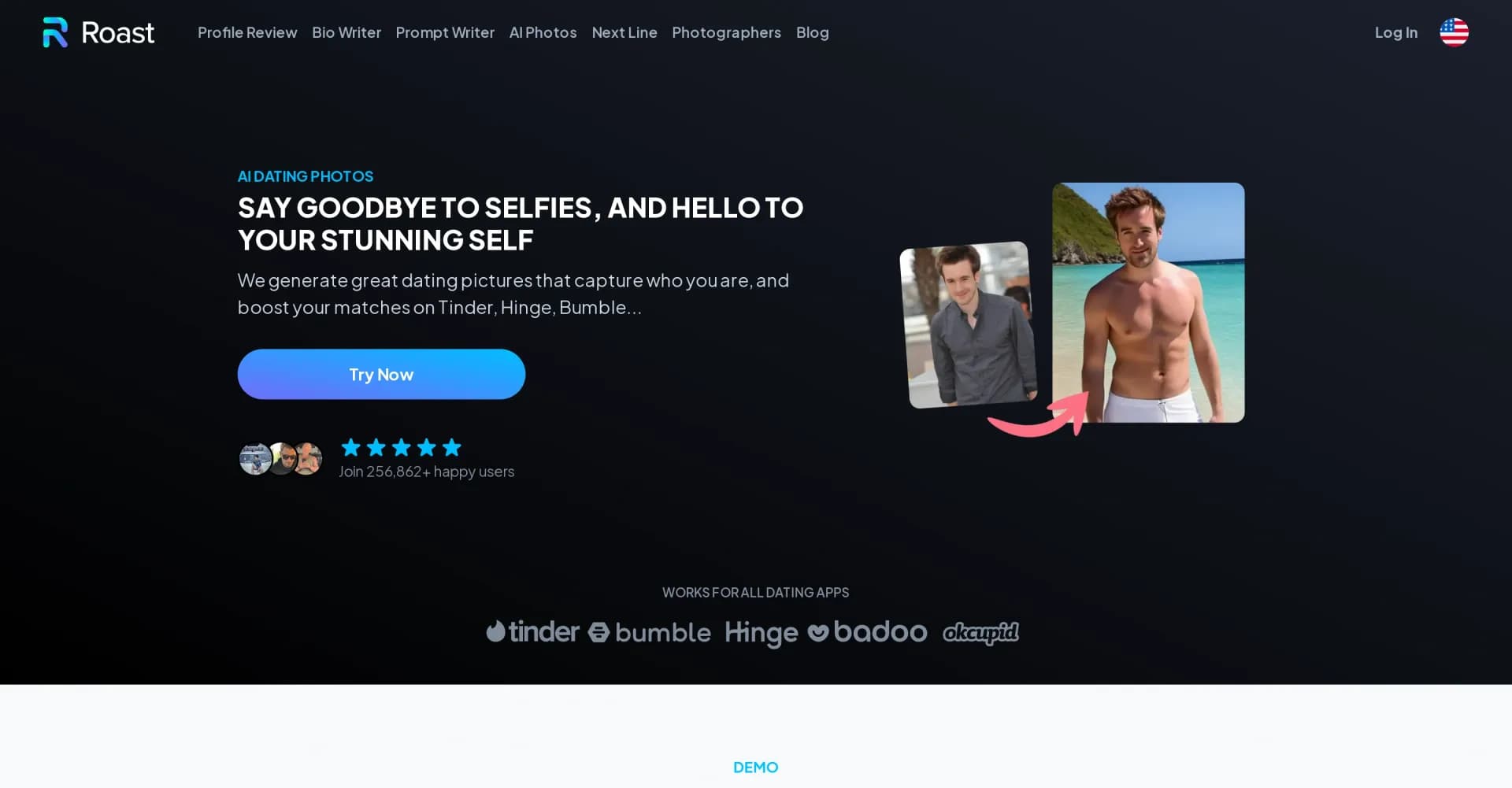 Roast Dating homepage screenshot — AI-generated perfect dating pics to 10X your matches
