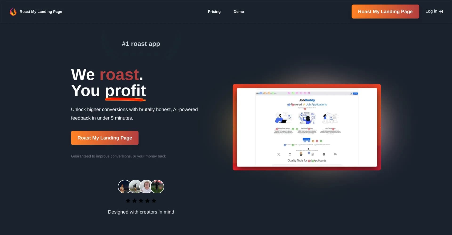Roast My Landing Page homepage screenshot — AI-powered landing page critiques in 5 minutes.