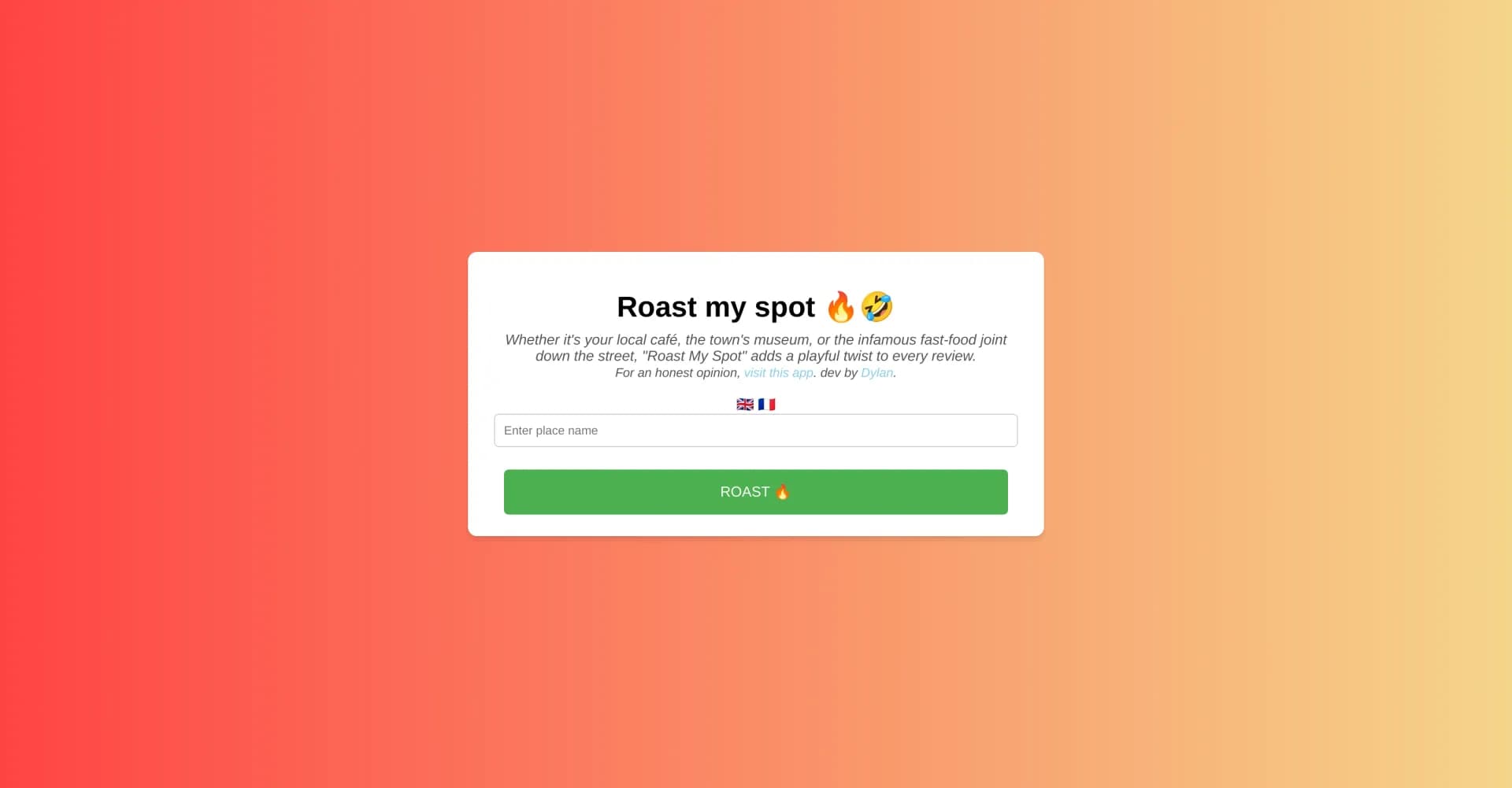 Roast My Spot homepage screenshot — Add humor to local reviews with AI wit