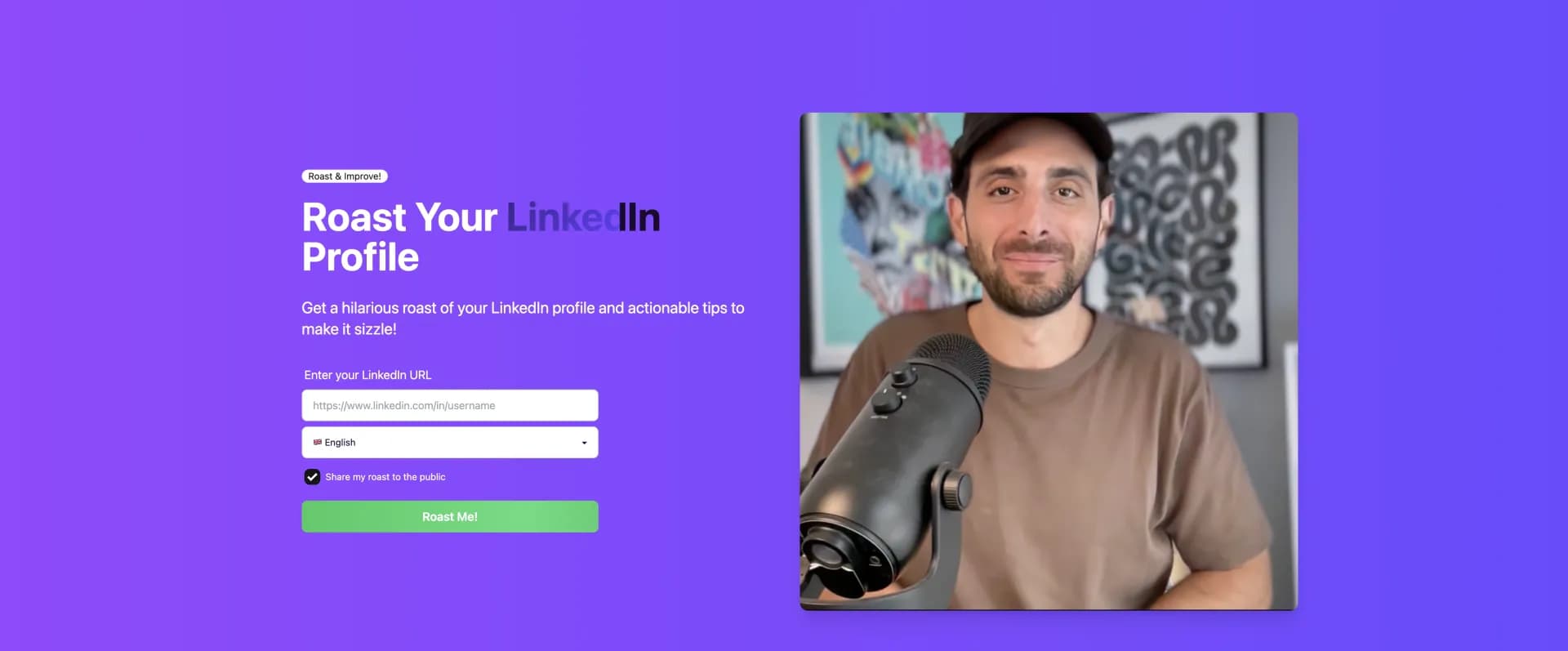 RoastLinkedIn homepage screenshot — Get a hilarious roast and tips for your LinkedIn profile