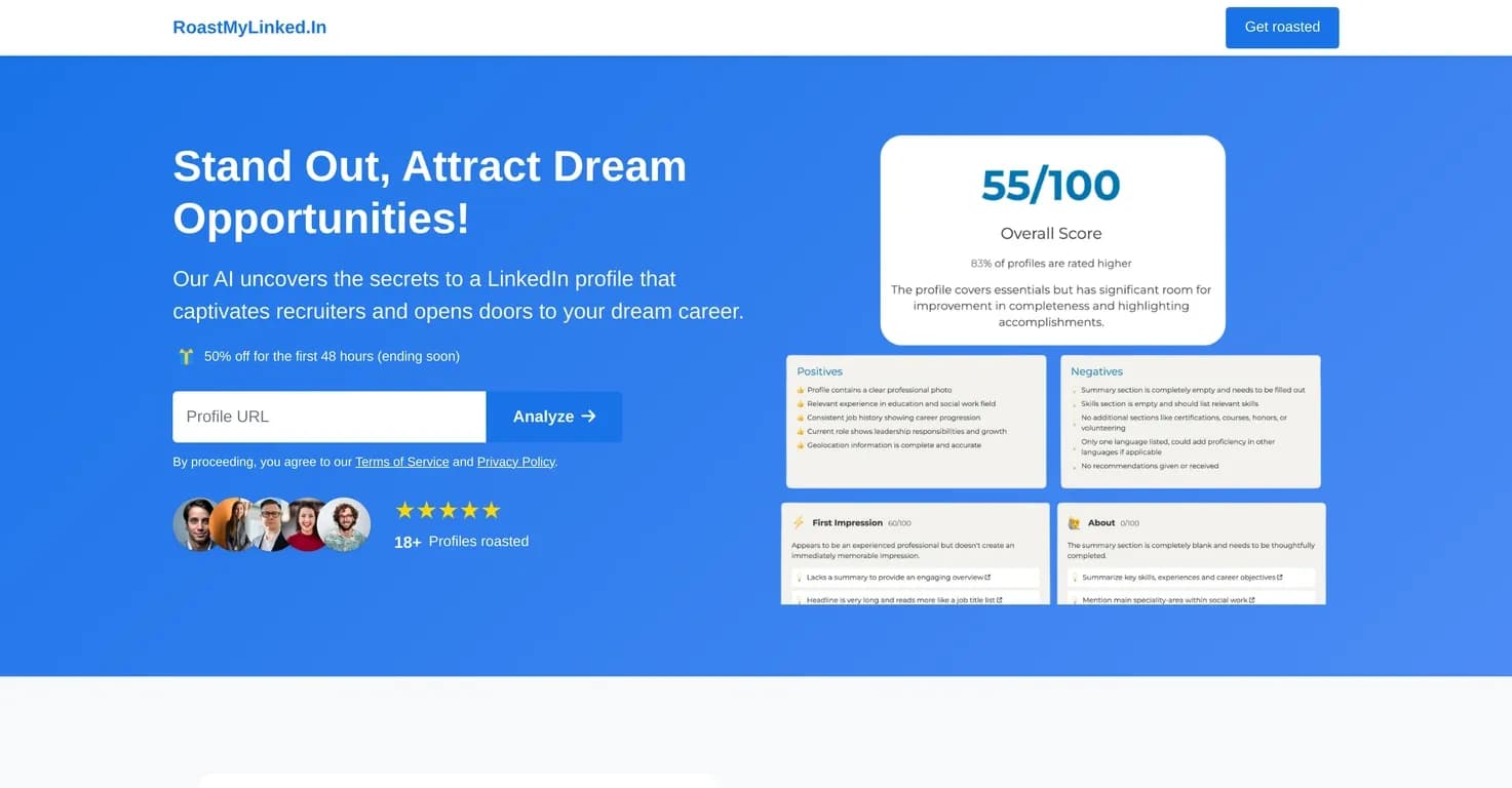 RoastMyLinked.In homepage screenshot — Transform your LinkedIn profile from zero to hero