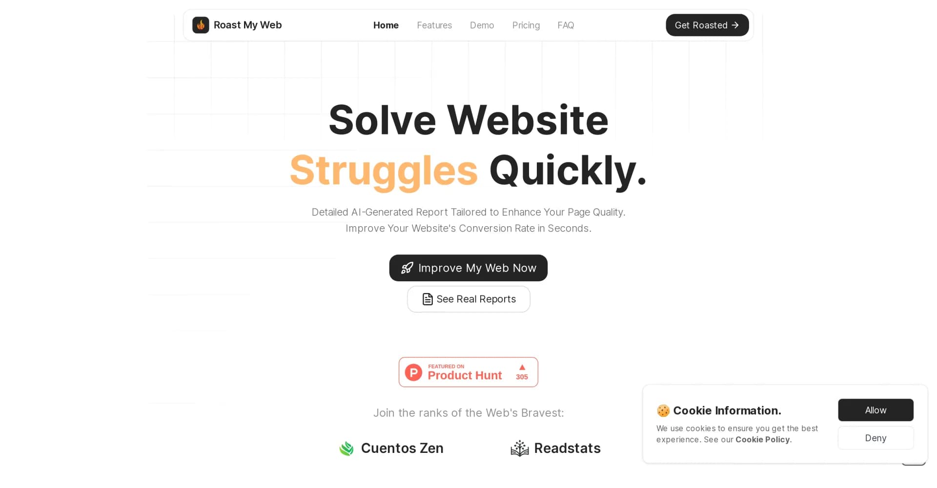 RoastMyWeb homepage screenshot — AI-driven website roasting for skyrocketing conversions and 