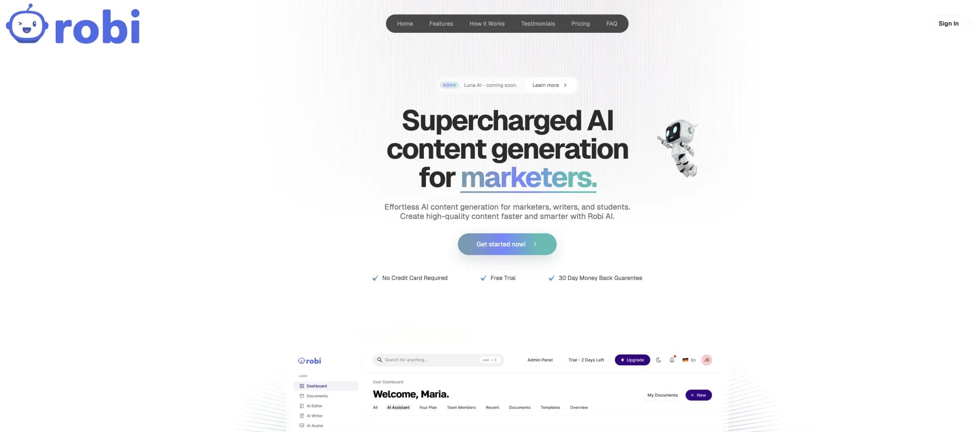 RobiAI homepage screenshot — Supercharge AI content creation for marketers, writers, and 
