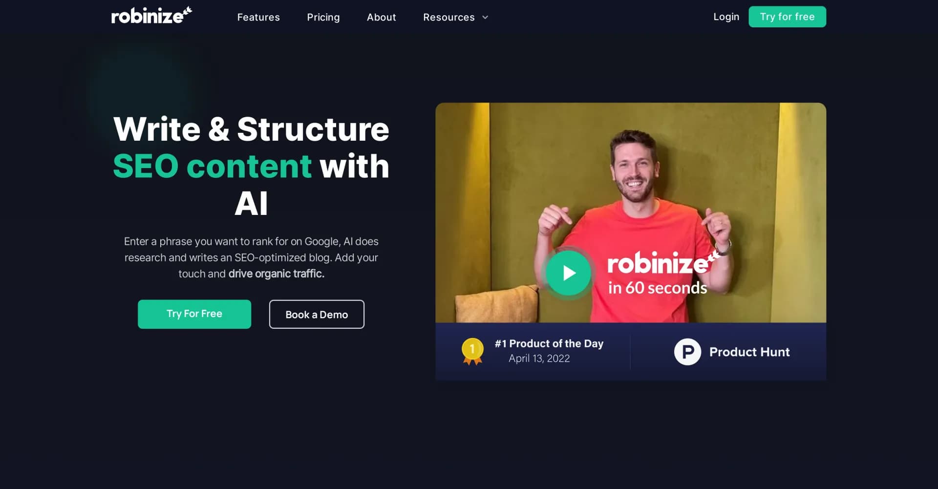 Robinize homepage screenshot — Write & rank SEO content with AI