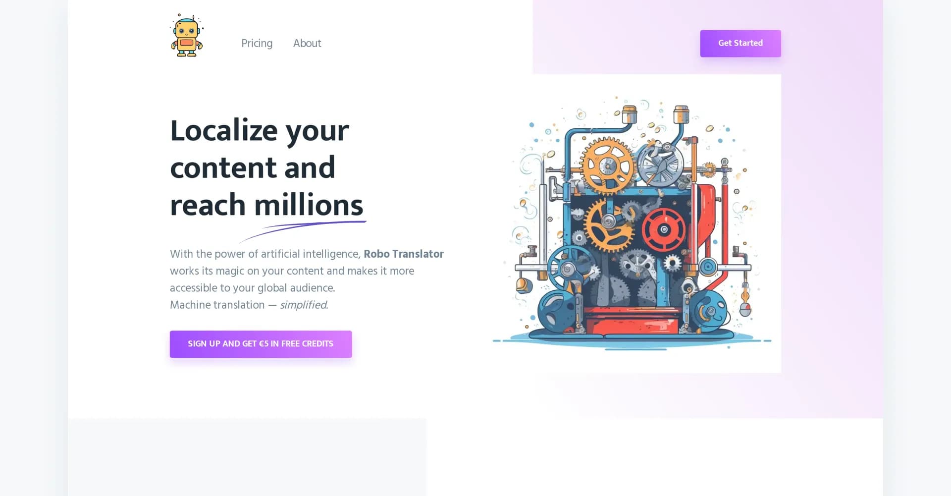 Robo Translator homepage screenshot — AI-powered translation for audio, video, and text