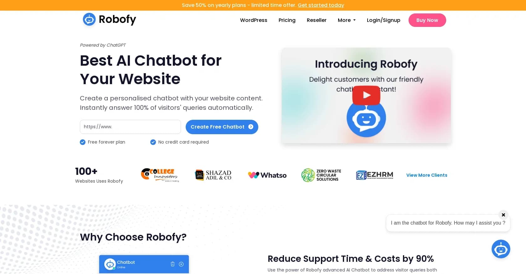 Robofy homepage screenshot — ChatGPT-powered AI chatbot for 24/7 customer service