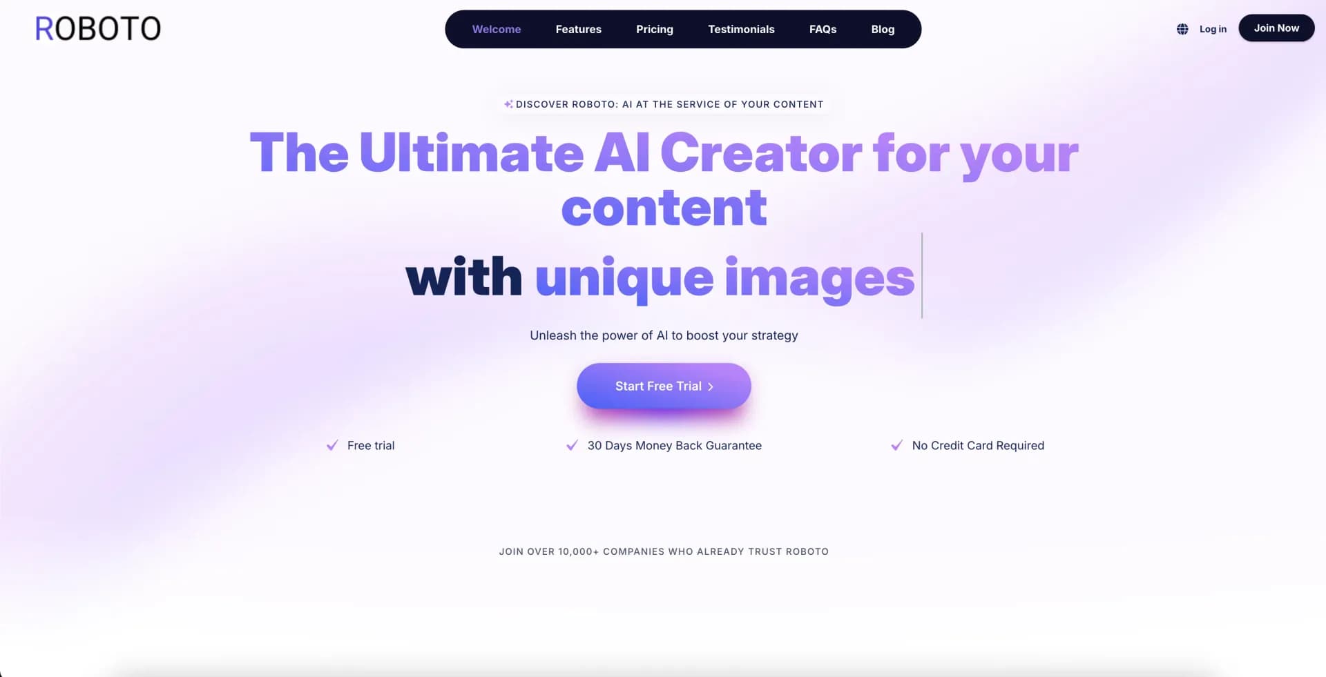 Roboto homepage screenshot — Gnrateur IA avanc pour texte, image et voix