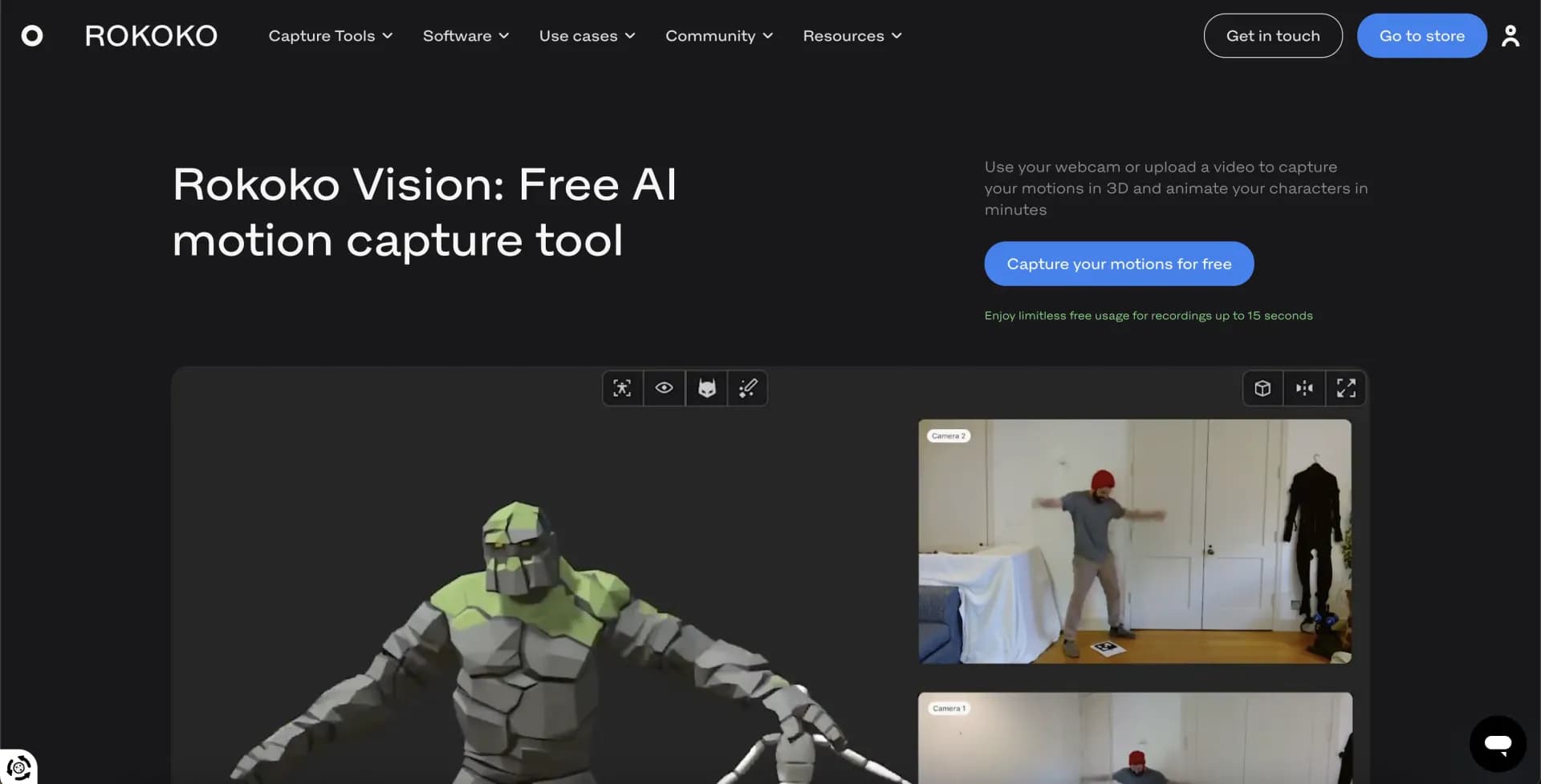 Rokoko homepage screenshot — Turn videos into 3D animations with AI motion capture