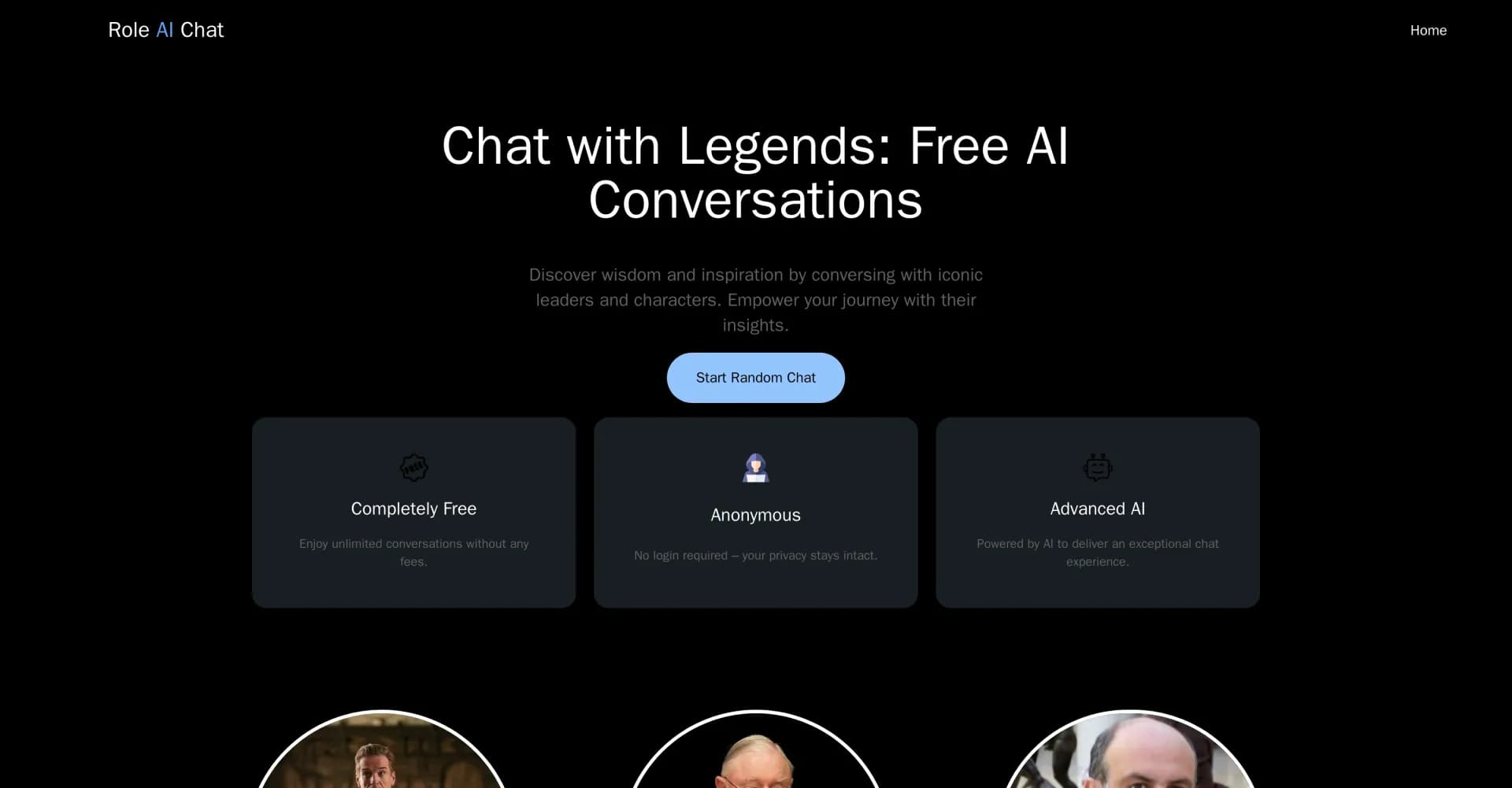 Role AI Chat homepage screenshot — Chat with legends, gain timeless wisdom.