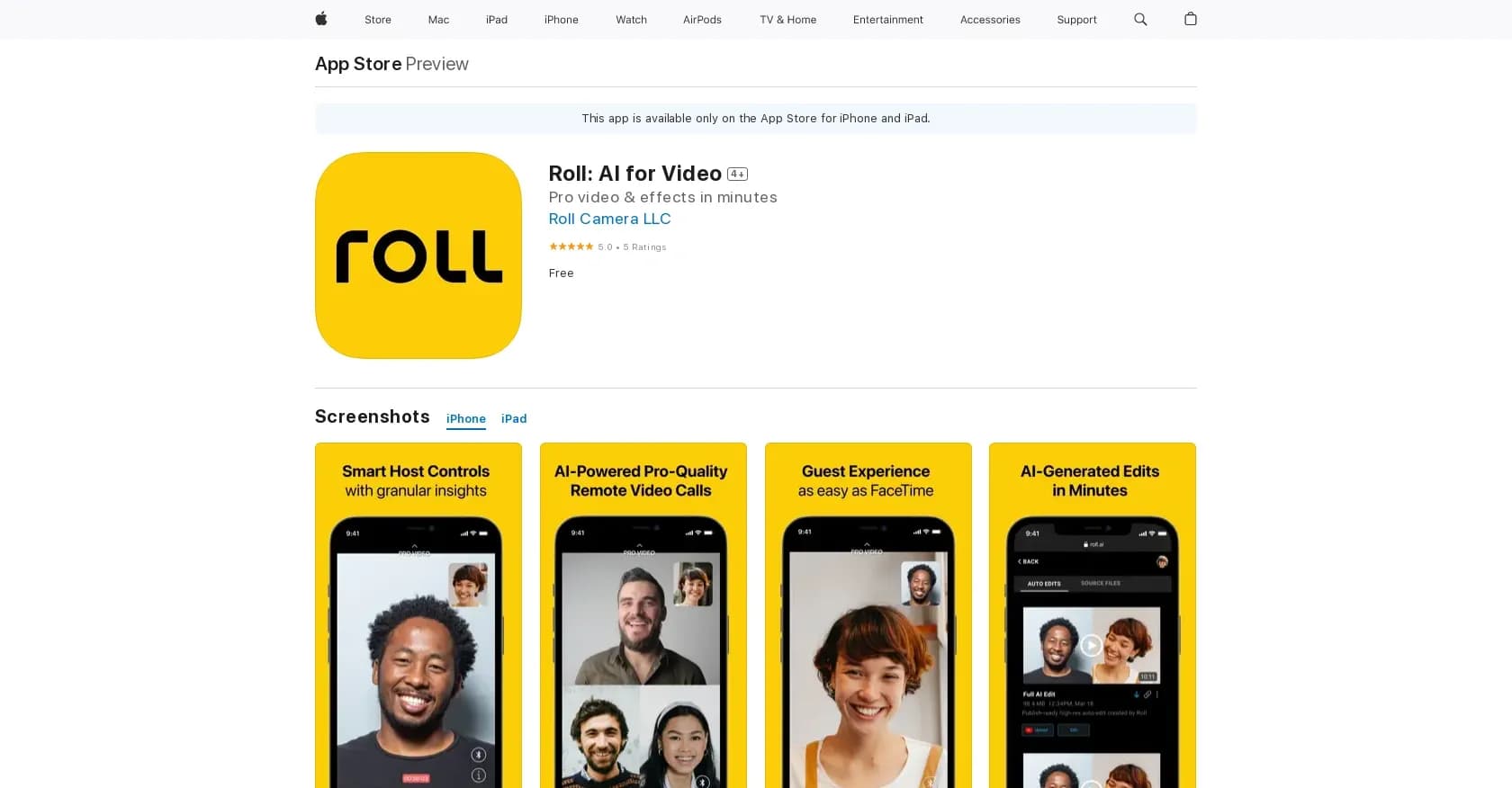 Roll homepage screenshot — Enhanced mobile video editing with advanced technology.