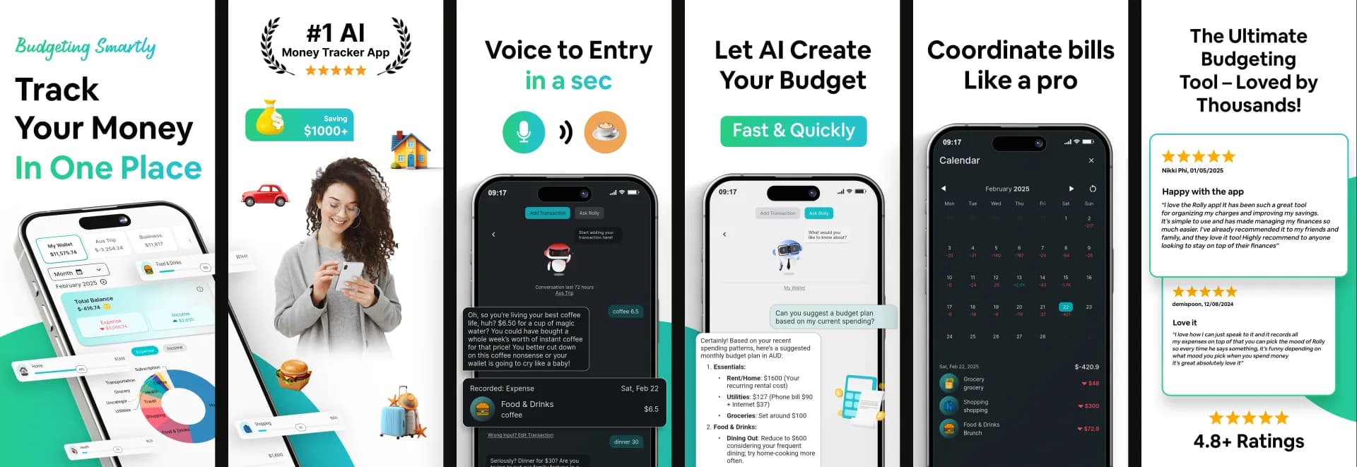 Rolly: AI Money Trackerv7.0.0 homepage screenshot — AI-powered expense tracking through interactive chat interfa