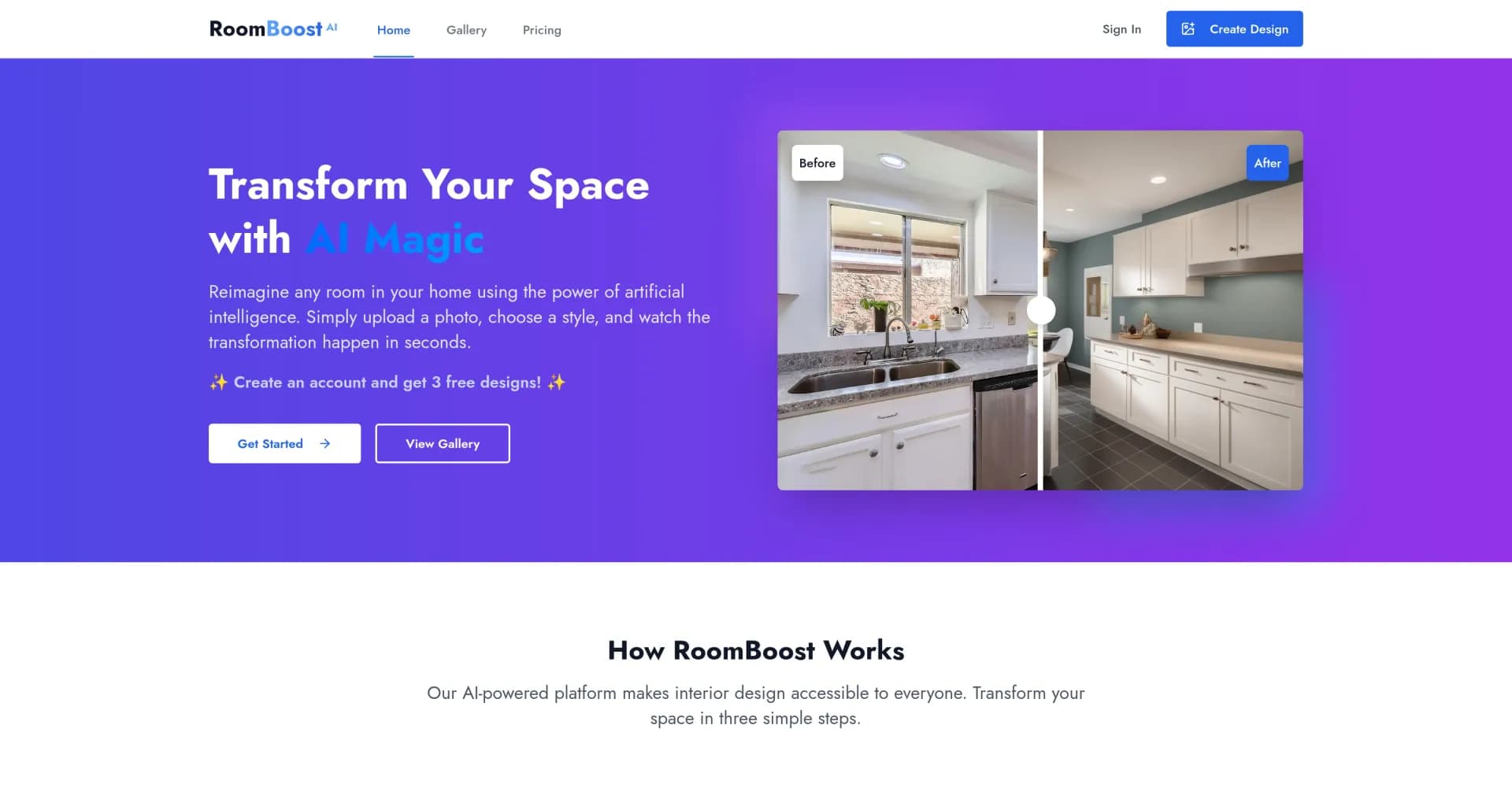 RoomBoost AI homepage screenshot — AI-powered interior design at your fingertips.
