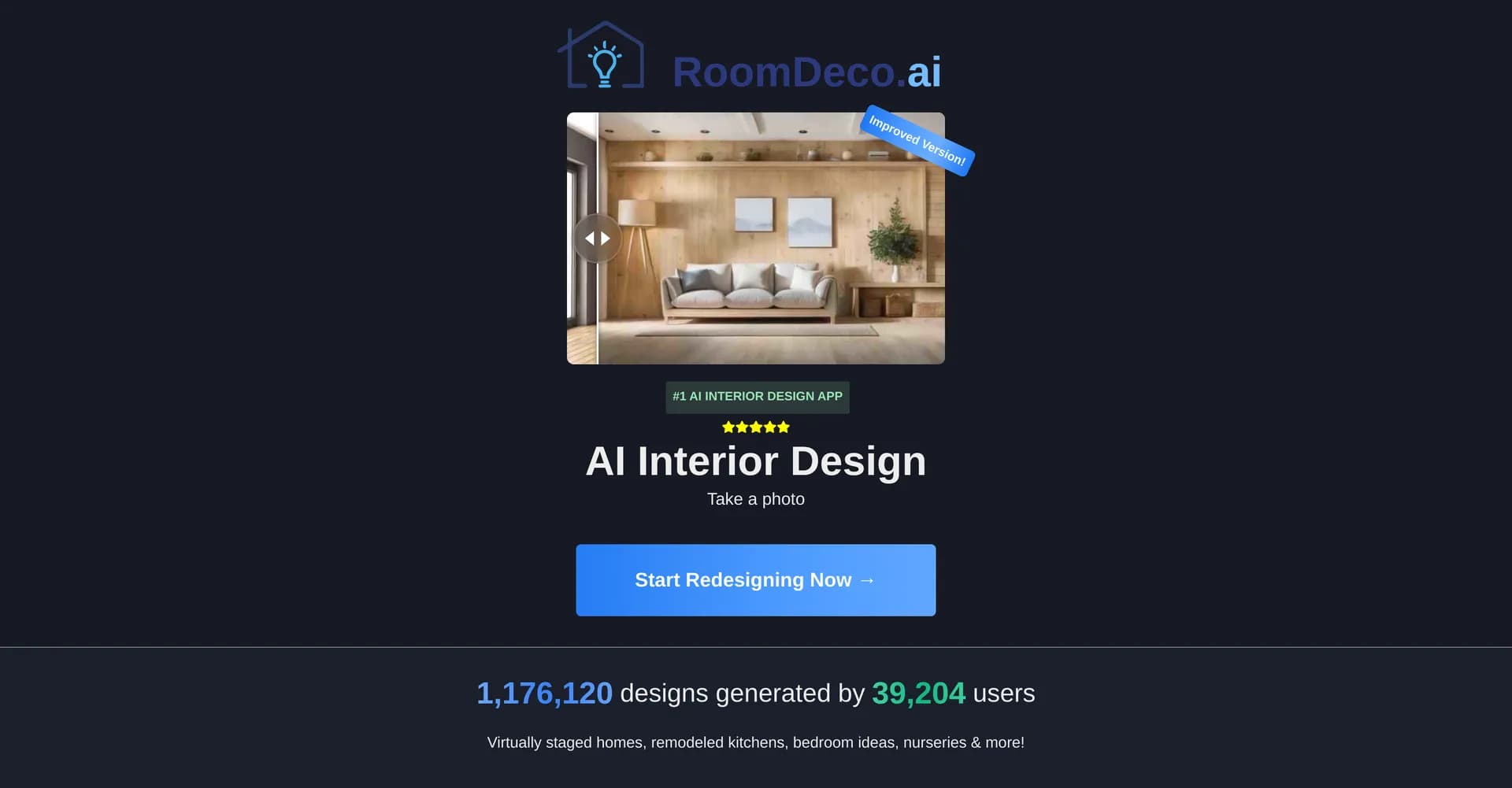 RoomDeco homepage screenshot — Reimagine your home with AI interior design