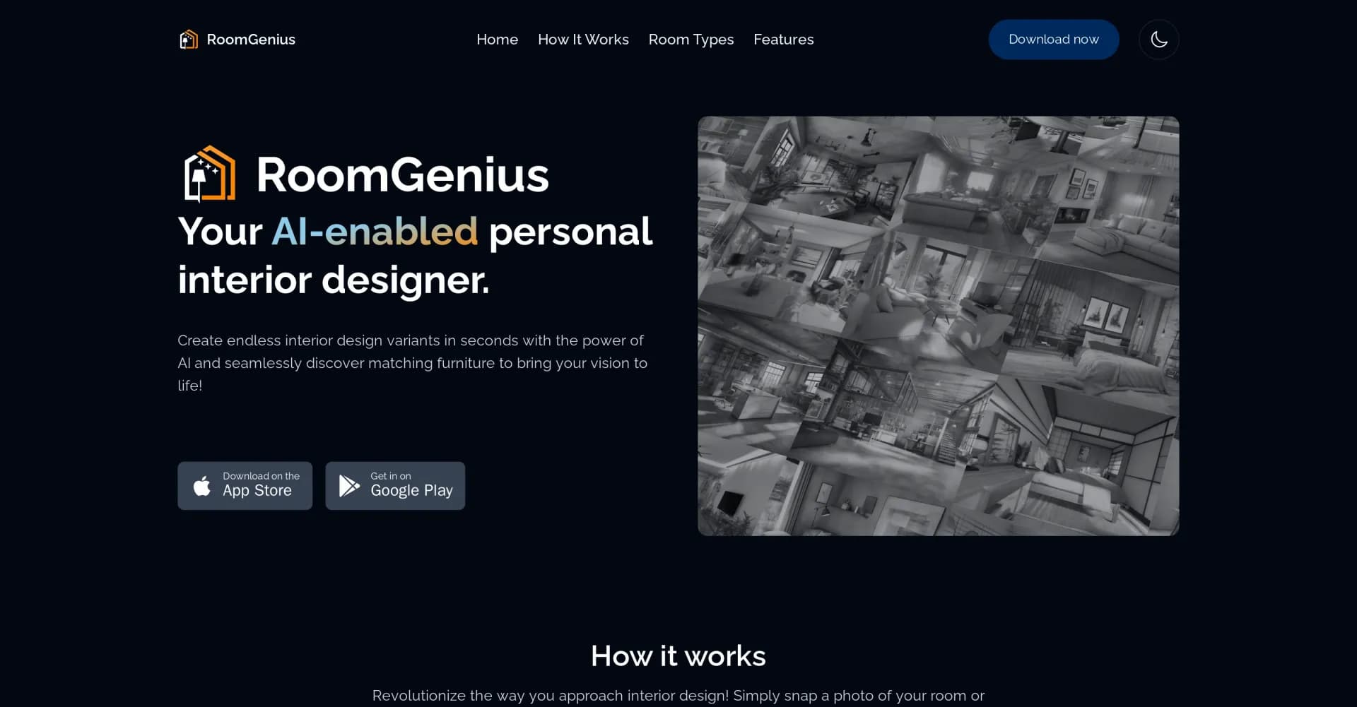 RoomGenius homepage screenshot — Your AI-enabled personal interior designer.
