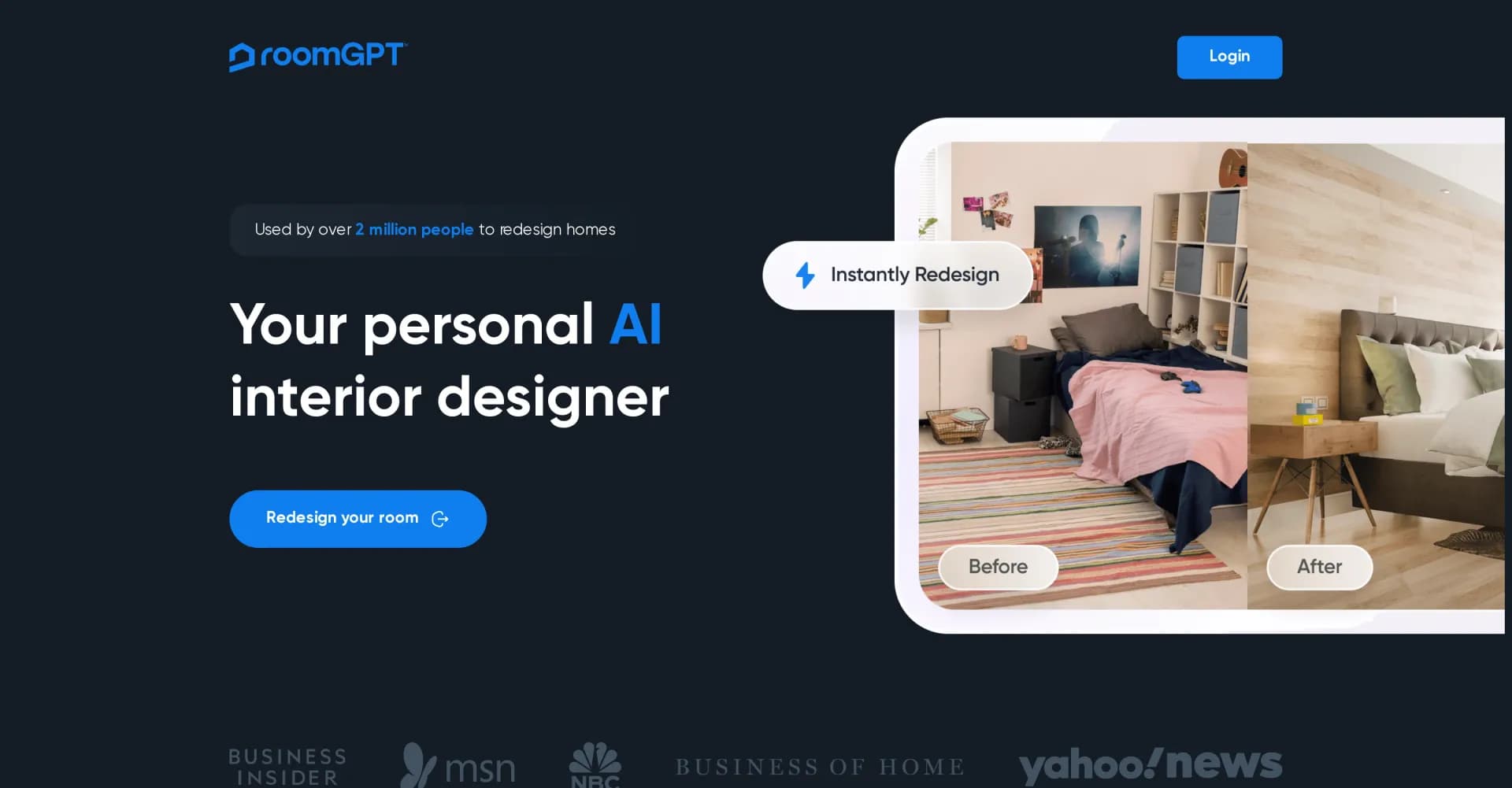 RoomGPT homepage screenshot — Generate your dream room in seconds.