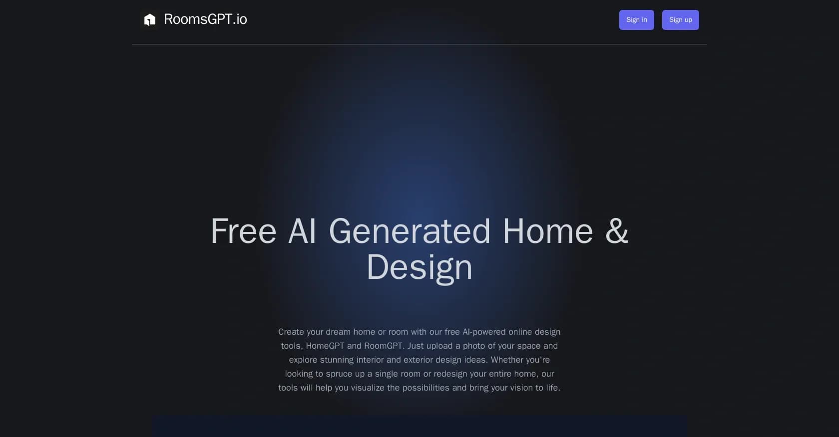Roomsgpt homepage screenshot — AI-powered dream home design in seconds