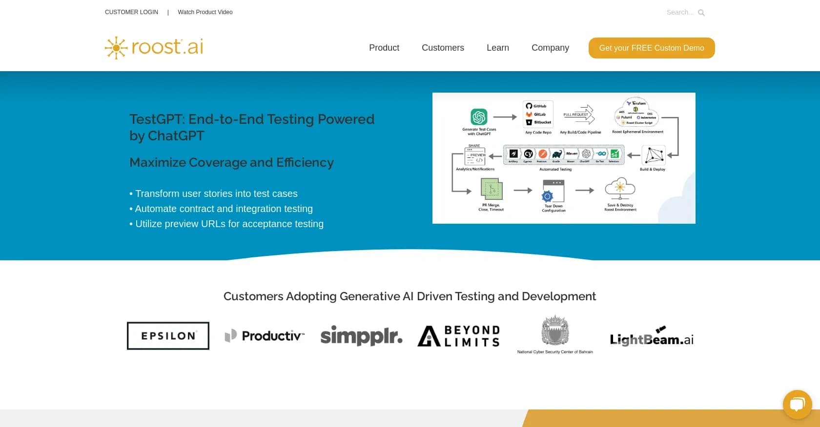 Roost AI homepage screenshot — ChatGPT-driven end-to-end testing to enhance coverage and ef