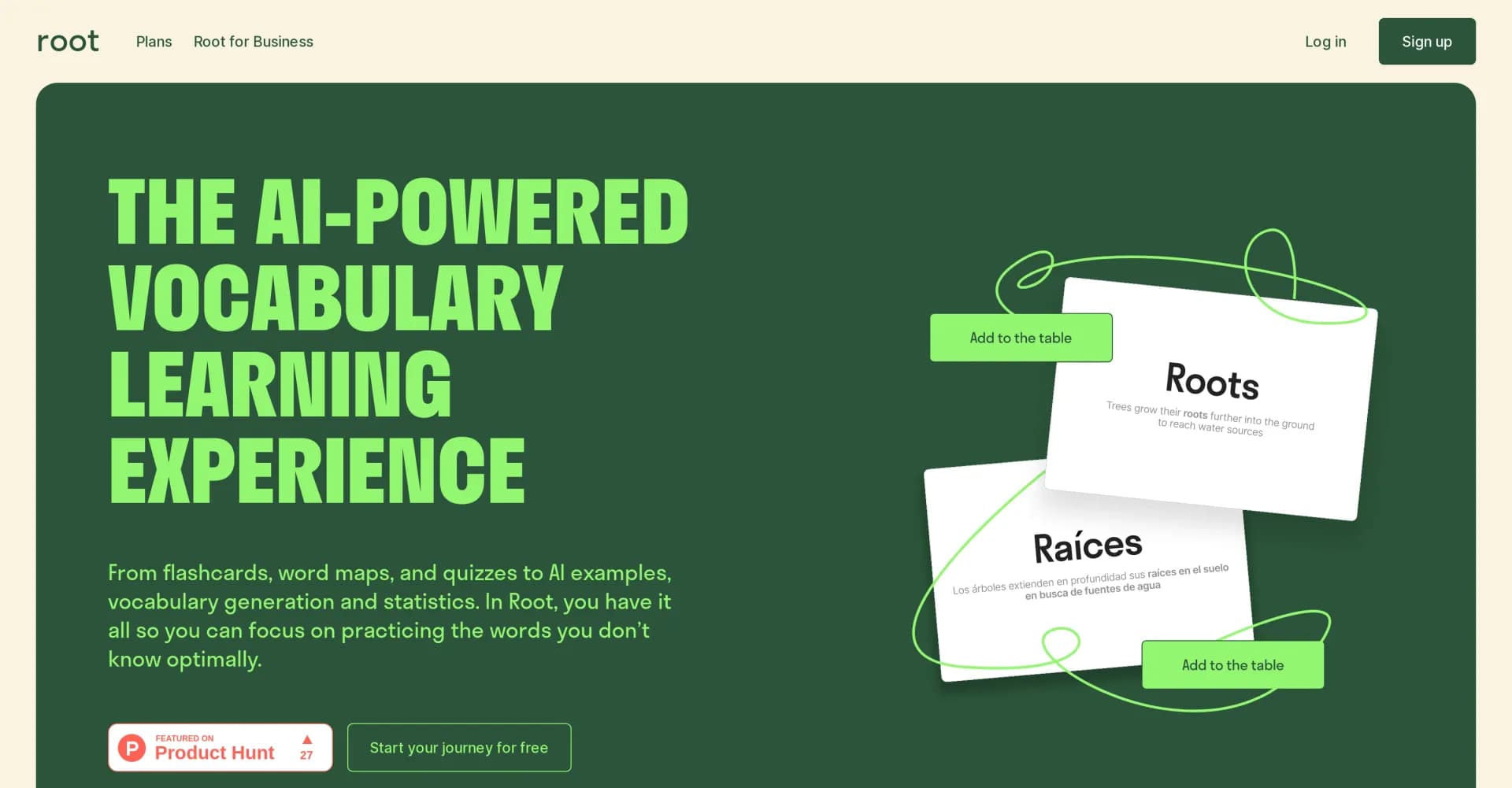 Root Vocab homepage screenshot — Master vocabulary faster with AI-powered learning.