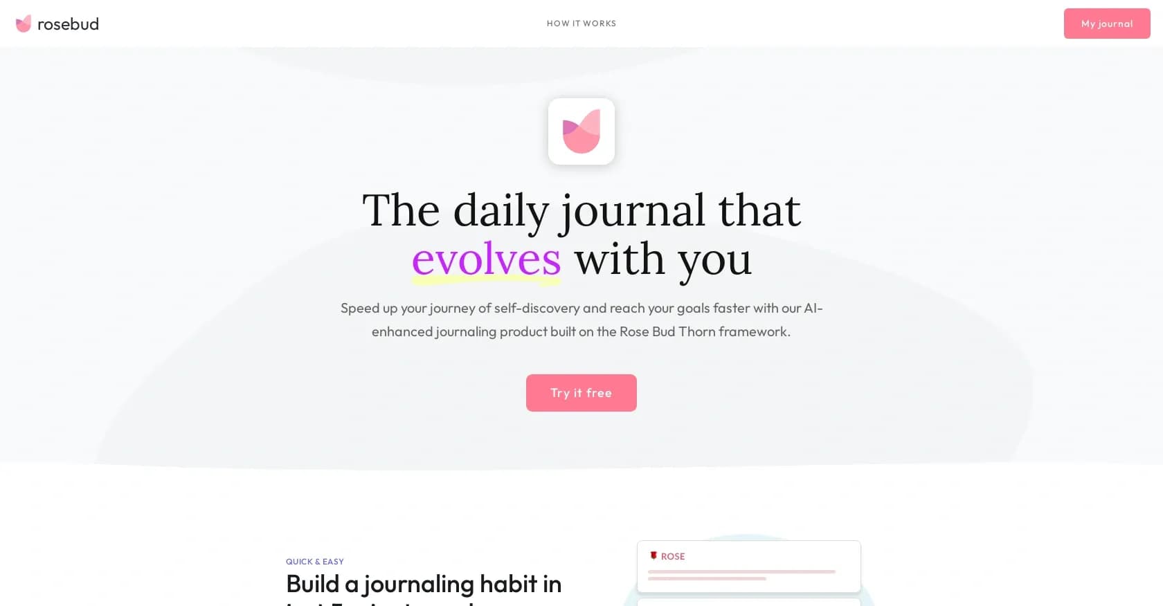 Rosebud Journal homepage screenshot — AI-powered journaling for self-discovery in 5 minutes a day